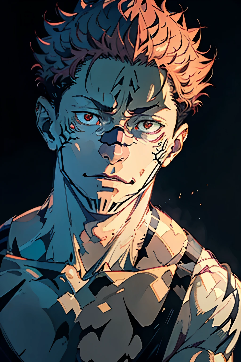 ((Masterpiece, Best Quality, photograph realistic))
\
(Shiny skin, detailed textures), (NSFW, 8K Wallpaper, High resolution)
\
Perfect Anatomy, Cinematic lighting, Physically-based rendering, Award-winning, highly detailed facial features
\
Satoru Gojo from "Jujutsu Kaisen", standing against Sukuna, wearing his casual uniform, (1:2 ratio)
\
Satoru Gojo: (Long messy black hair, sharp eyes, defined jawline, tall and muscular build)
Sukuna: (Dark green skin, multiple mouths, white lips, imposing presence)
\