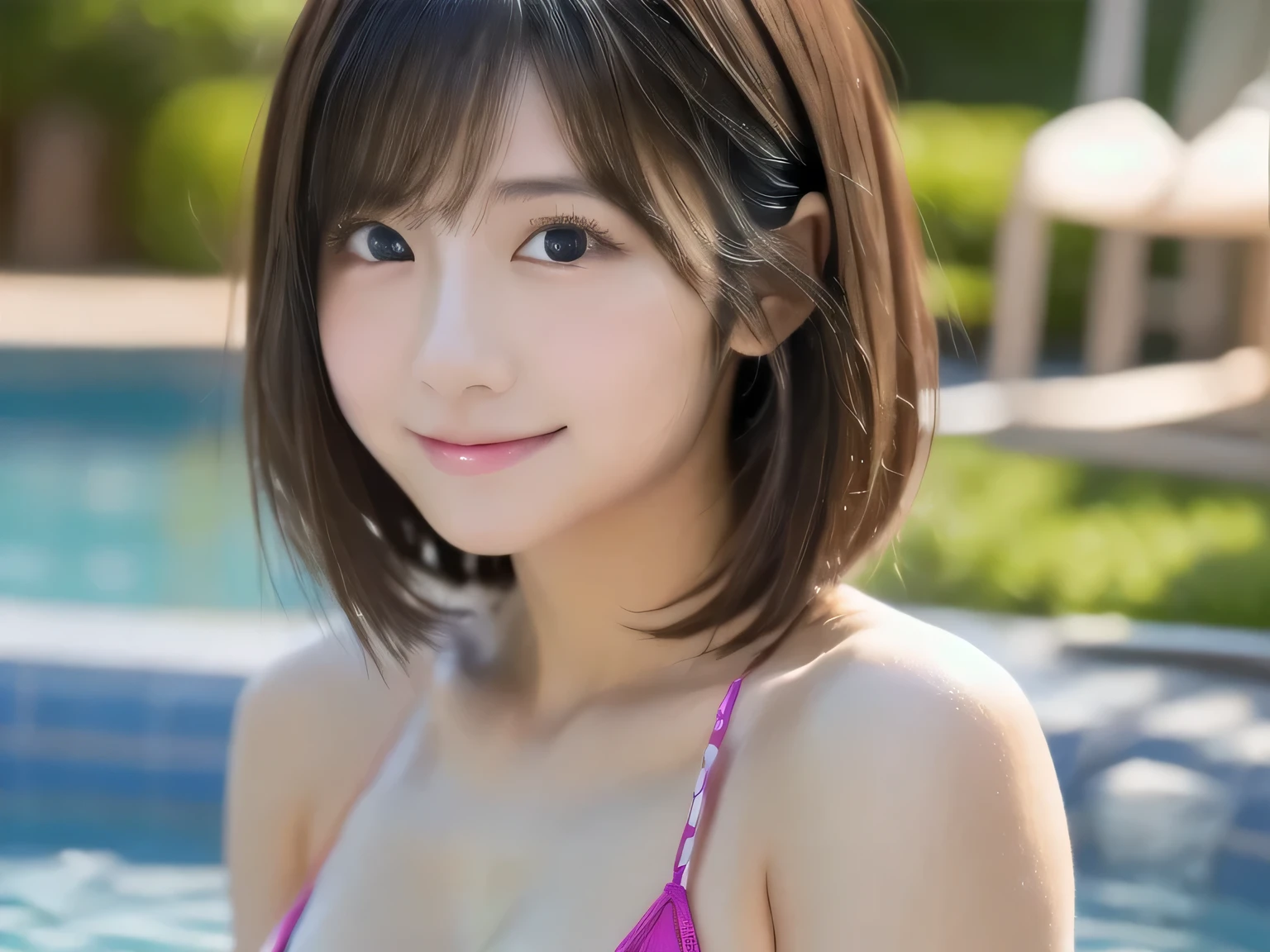 Masterpiece,(8k, RAW photo, best quality, masterpiece:1.2), (realistic, photo-realistic:1.4), (extremely detailed 8k wallpaper), sharp focus, depth of field, blur background, bokeh,Do not split,in the pool,(Japanese Woman),20-year-old woman,short hair,(well-proportioned body shape:1.5),(bikini 1.5),(Looking at viewer),((super fine face)),The whole body was photographed,full body,(Sexy poses),