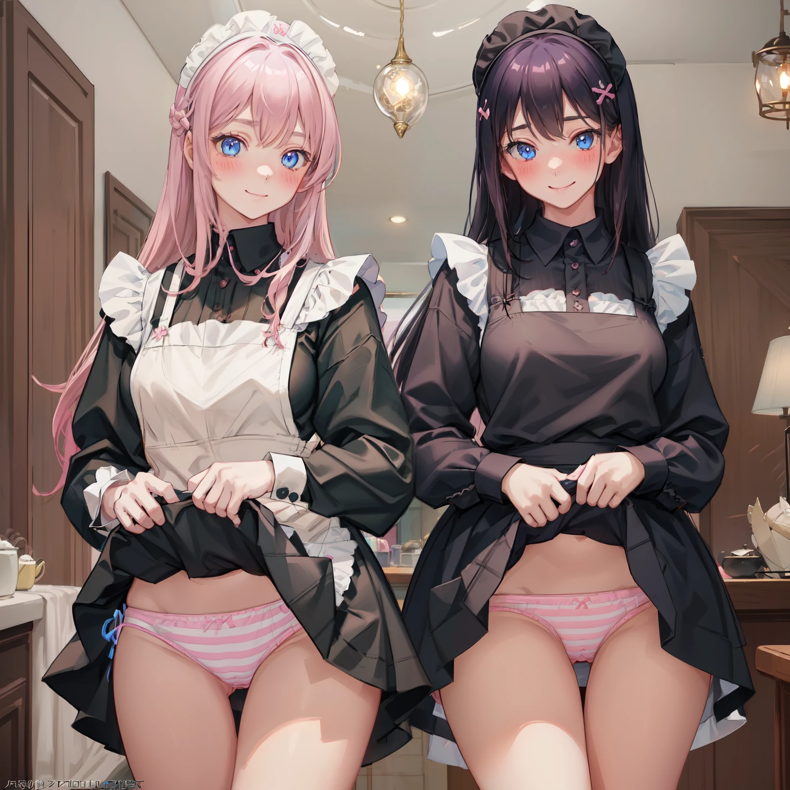 highest quality, masterpiece, ((2 girls:1.5)), ((smile:1.3)), (blush:1.3), Black Shirt, blouse, ((fun!!)), (Small breasts), Blonde, (Long sleeve), ((White apron:1.5)), ((Maid)), ((hair ornaments)), Kamimei, look at me, ((in house:1.5)), Taking a break from watching the audience, Cowboy Shot, (skirtlift:1.3), (Highly detailed pink striped panties:1.3), (Highly detailed panties:1.3), (skirt that rolls up:1.3), (Panties fully exposed:1.5), Light blue eyes, long hair, Glowing Eyes