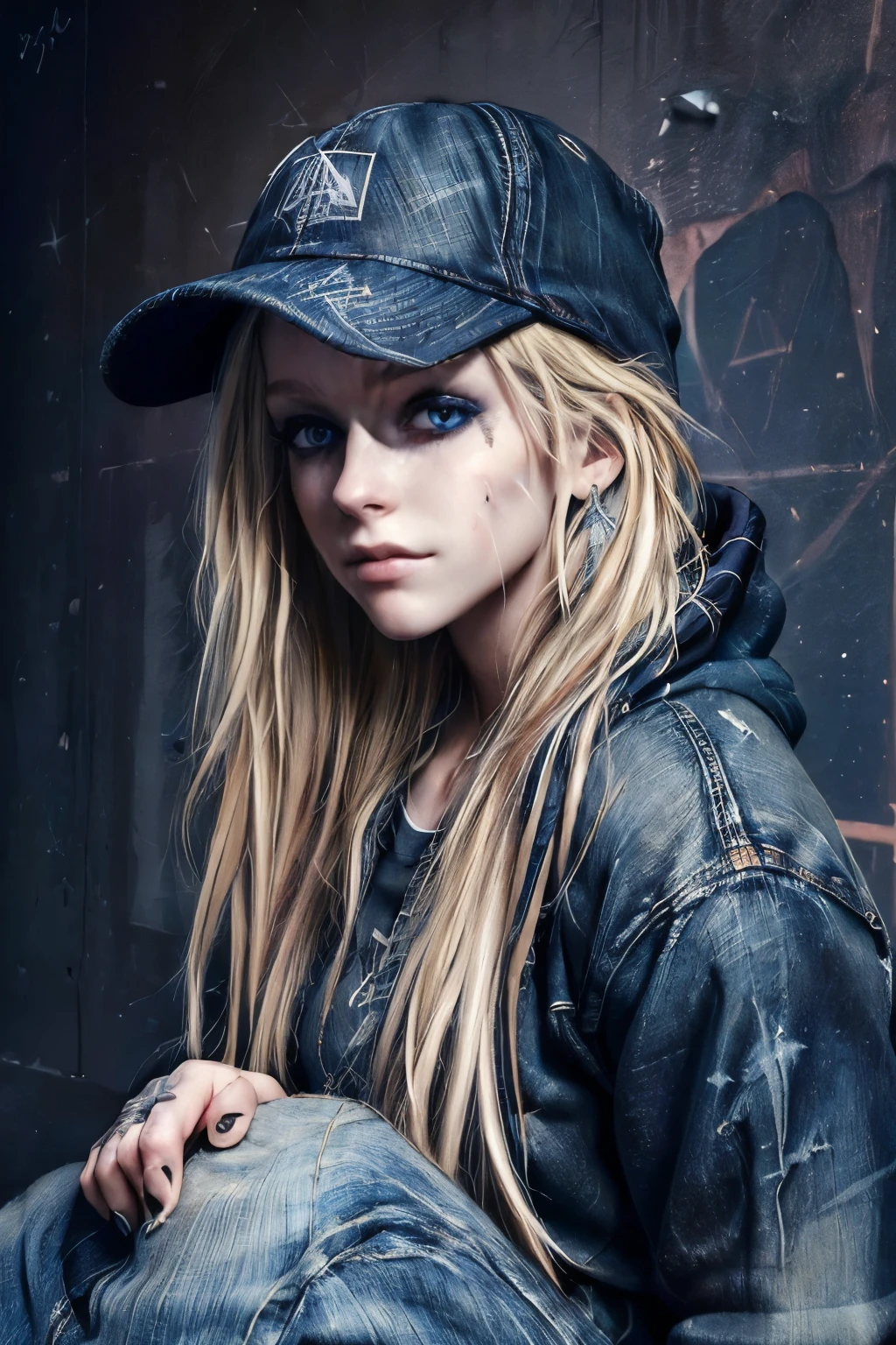 (((masterpiece:1.4))), (highest quality:1.4), (Ultra-high resolution:1.4), (best quality:1.2), (ultra detail:1.3), Avril Lavigne, blue eyes, Sitting, Oversized black hoodie, jeans, Baseball cap worn sideways, The background is a dark cityscape, Masterpiece, Committed to ultra-high definition and vivid colors, Super detailed, Attention to detail, highest quality, 8K, 16K, Exquisite detail, A style that combines romanticism and realism, High resolution, Perfect Anatomy, Skater Fashion, Long straight blonde hair, Tattoo