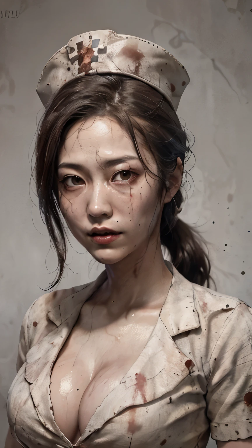 ((top quality, 8 thousand, masterpiece:1.3)) Two Korean women in their 20s,  Pale and white skin, Tangled black hair, Blood, severe dark circles, Bloodstained white nurse uniform, black lips, Corruption, Fog,  dim lighting, nurse, abandoned hospital, (big bust : 1.1), (thick thighs: 1.4)