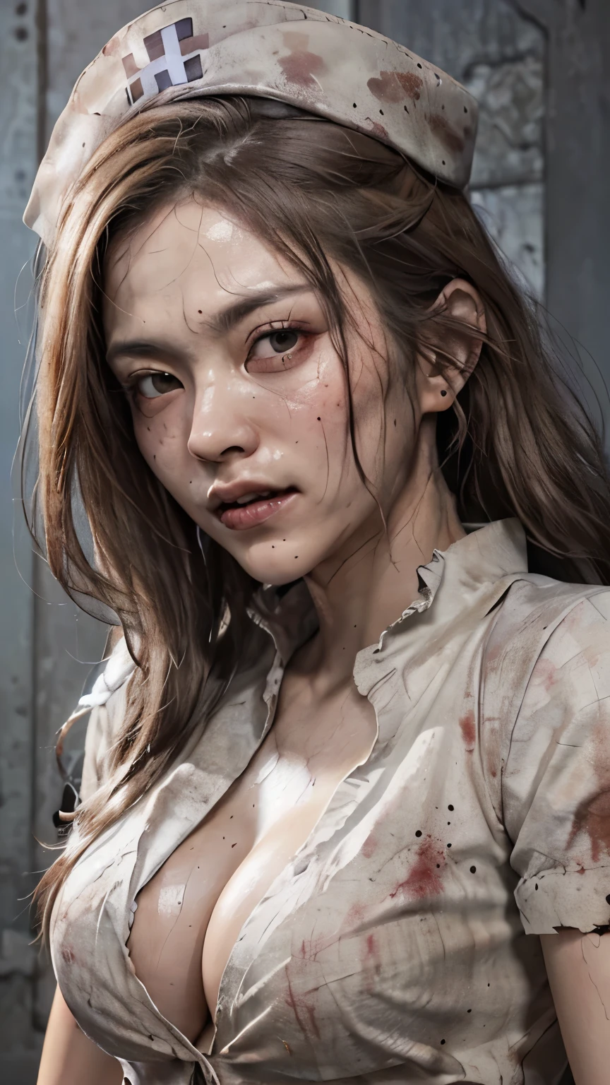 ((top quality, 8 thousand, masterpiece:1.3)) Two Korean women in their 20s,  Pale and white skin, Tangled black hair, Blood, severe dark circles, Bloodstained white nurse uniform, black lips, Corruption, Fog,  dim lighting, nurse, abandoned hospital, (big bust : 1.1), (thick thighs: 1.4)