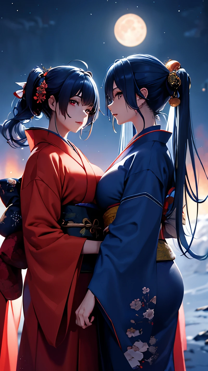 masterpiece, high quality, 4K, Beautiful design, silhouette，Blue Hair，Twin tails, Single Eyes,Bewitching good looks,非常に詳細なStarry Sky， wonderful, Finer details,  Very knowledgeable woman, Extremely detailed depiction, 2 women,twins,Big Breasts,Looking at each other,Overlap with hands,Red colored kimono，Night view，Starry Sky，full moon，