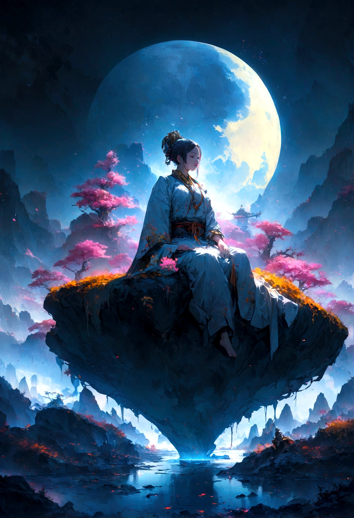 A monk sitting on a rock,In the background is a full moon, 4k highly detailed digital art, 8k stunning artwork, Cyberpunk Zen Meditation, Beautiful art UHD 4K, Epic surrealist 8k oil painting, concept art wallpaper 4k, Background artwork, 4K Fine Digital Art, monk meditates, Sitting on the moon, 4k fantasy art