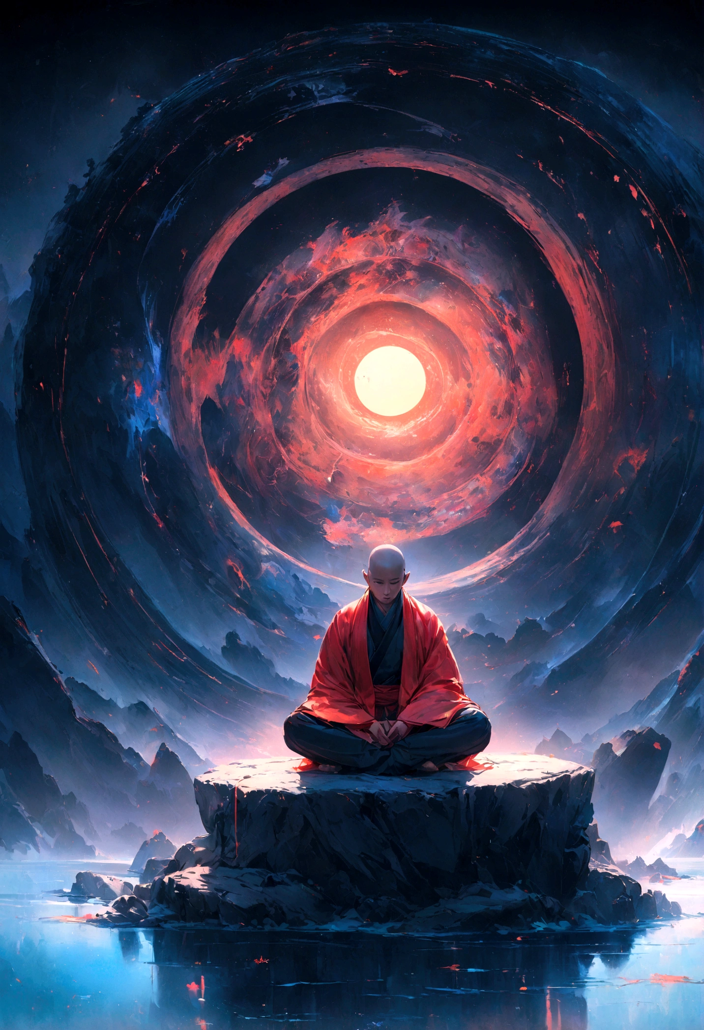 A monk sitting on a rock,In the background is a full moon, 4k highly detailed digital art, 8k stunning artwork, Cyberpunk Zen Meditation, Beautiful art UHD 4K, Epic surrealist 8k oil painting, concept art wallpaper 4k, Background artwork, 4K Fine Digital Art, monk meditates, Sitting on the moon, 4k fantasy art