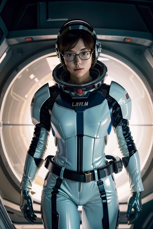 Beautiful woman、A space suit that fits perfectly、Hangar、Plump、Zero gravity space、Gundam、Normal Suit、Photorealistic、Masterpiece、4K resolution、Shiny latex、Slim glasses in the frame、Hold the helmet in your right hand、belt、short hair、Inside the spaceship、Adult women、NCO、