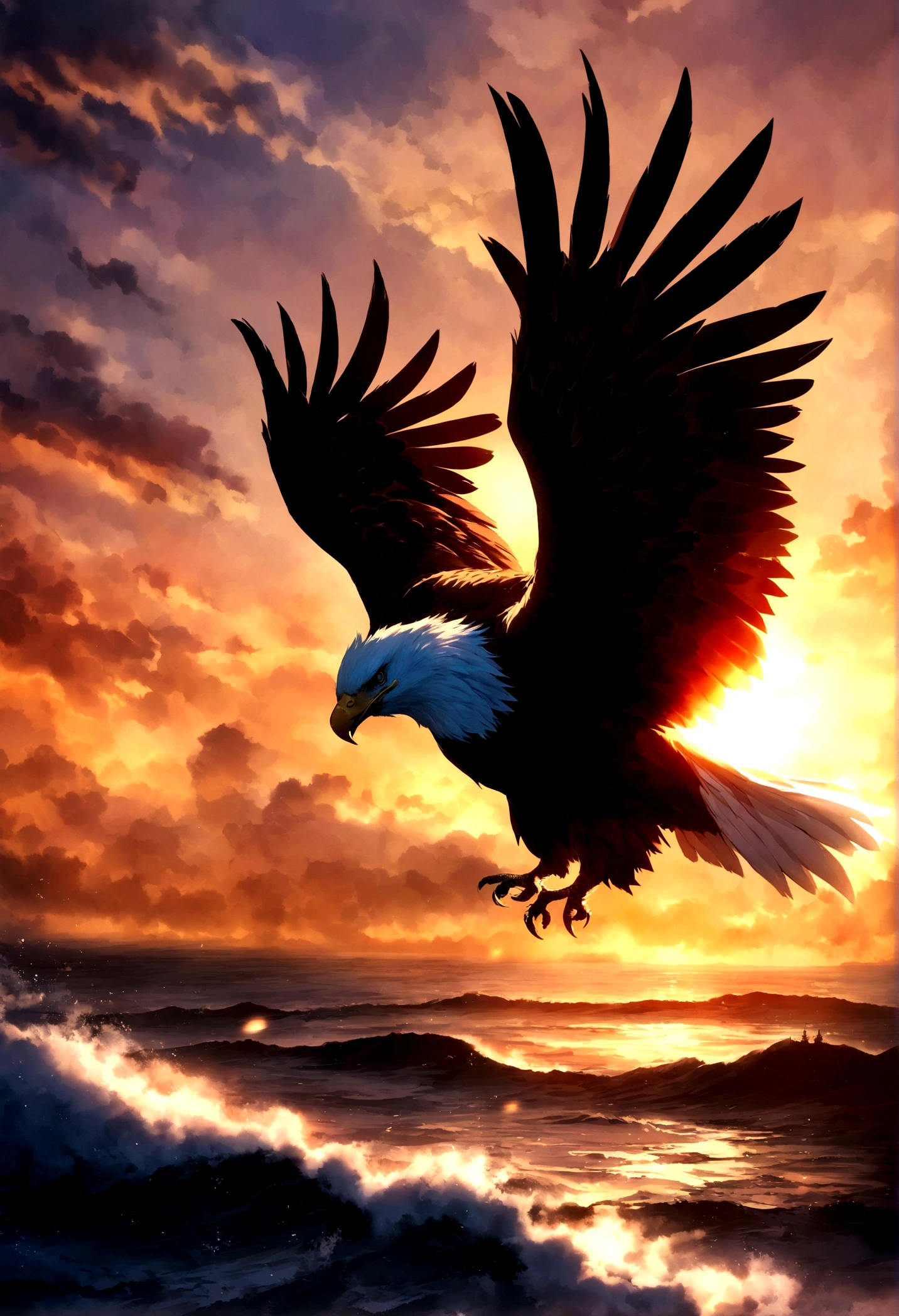 (extremamente detalhado CG unidade 8k papel de parede, parte mestre, melhor qualidade), stunning sunset, majestic eagle flying over the horizon.