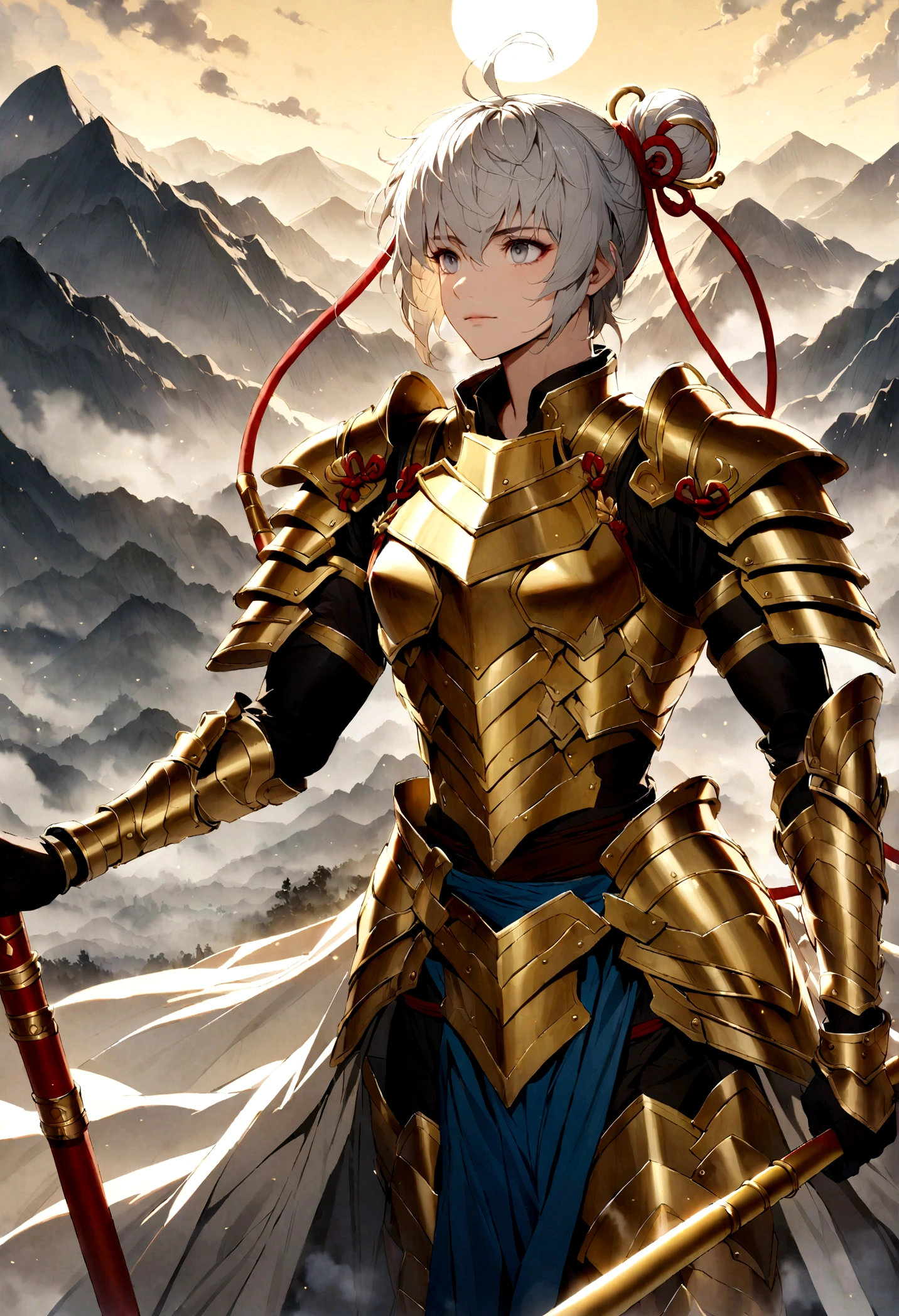 Sun Wukong,Holding a golden hoop rod,Wear battle armor,Firm eyes,Misty mountains in the background,Mythical
