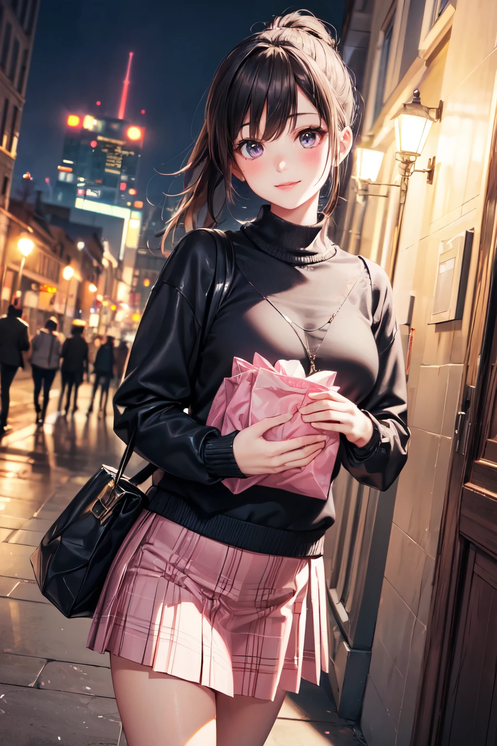 very cute and beautiful girl,(highly detailed beautiful face and eyes),
(smile:1.2),blush,shy,looking at viewer,(argyle pattern sweater),cowboy shot,(white and pink plaid skirt),
standing in front of hotel entrance in modern capital city,night,holding tote bag,black hair,low ponytail,
(best quality,masterpiece),absurdres,highres,ultra-detailed,extremely detailed,32k,8k resolution,
intricate details,cinematic scene,detailed background,solo,dynamic angle,realistic,