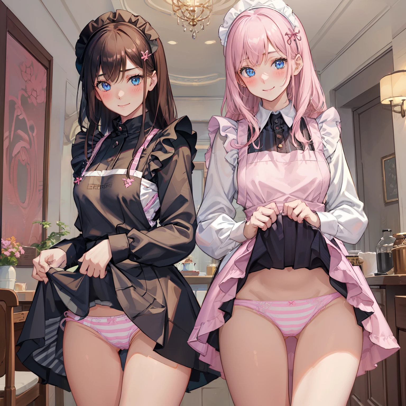 highest quality, masterpiece, ((2 girls:1.5)), ((smile:1.3)), (blush:1.3), Black Shirt, blouse, ((fun!!)), (Small breasts), Blonde, (Long sleeve), ((White apron:1.5)), ((Maid)), ((hair ornaments)), Kamimei, look at me, ((in house:1.5)), Taking a break from watching the audience, Cowboy Shot, (skirtlift:1.3), (Highly detailed pink striped panties:1.3), (Highly detailed panties:1.3), (skirt that rolls up:1.3), (Panties fully exposed:1.5), Light blue eyes, long hair, Glowing Eyes