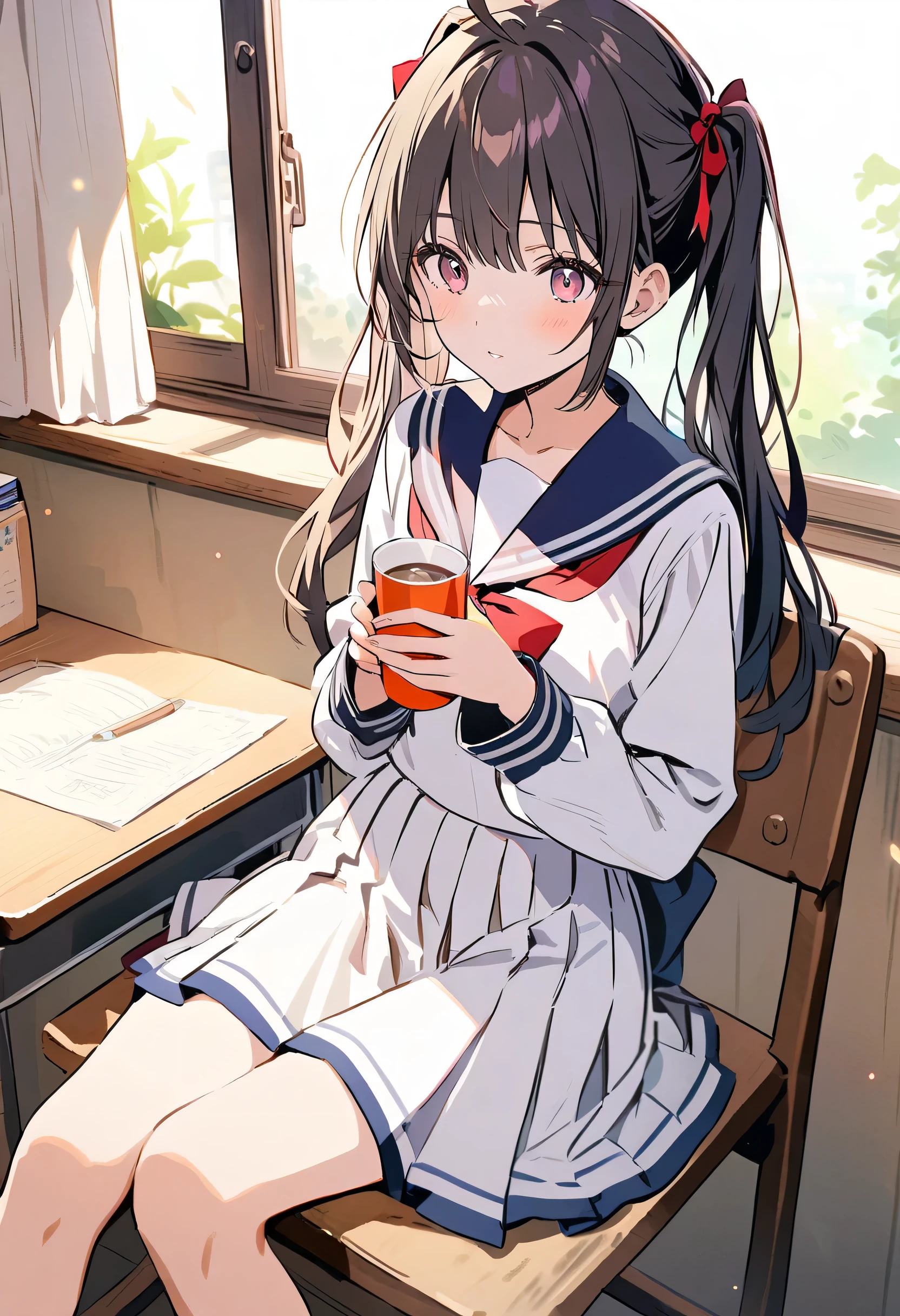 (Highly detailed CG Unity 8k wallpaper,masterpiece, highest quality, Super detailed),School classroom atmosphere,wood々Sunlight shining through the gaps,A beautiful blonde high school girl with twin tails and ahoge(D Cup),Smartphone in hand,Tinker,Beautiful black-haired ,Skinny and flat chested, Wearing a sailor uniform,Sitting on a chair、He is having a conversation with a blonde girl sitting at a desk.,in the evening.
