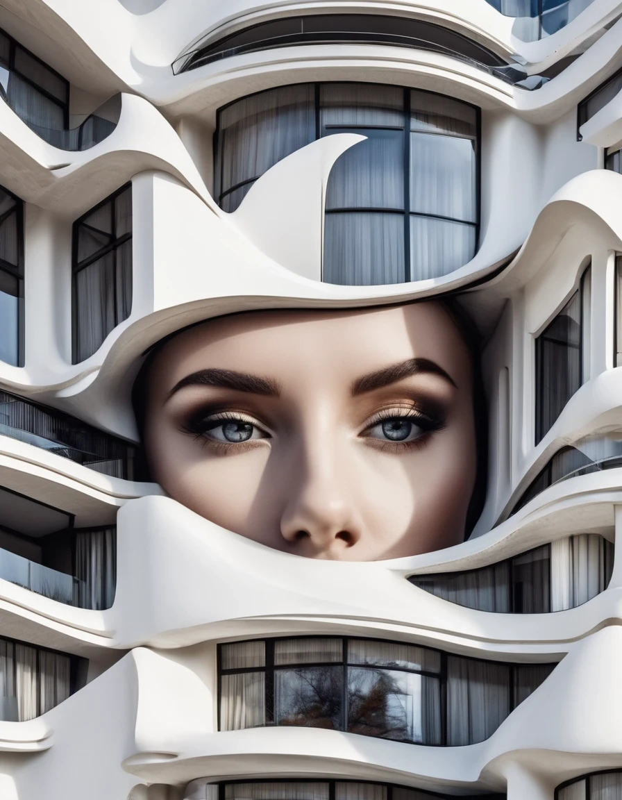 Close-up of face and architecture merging，in style of Architectural photography , portrait