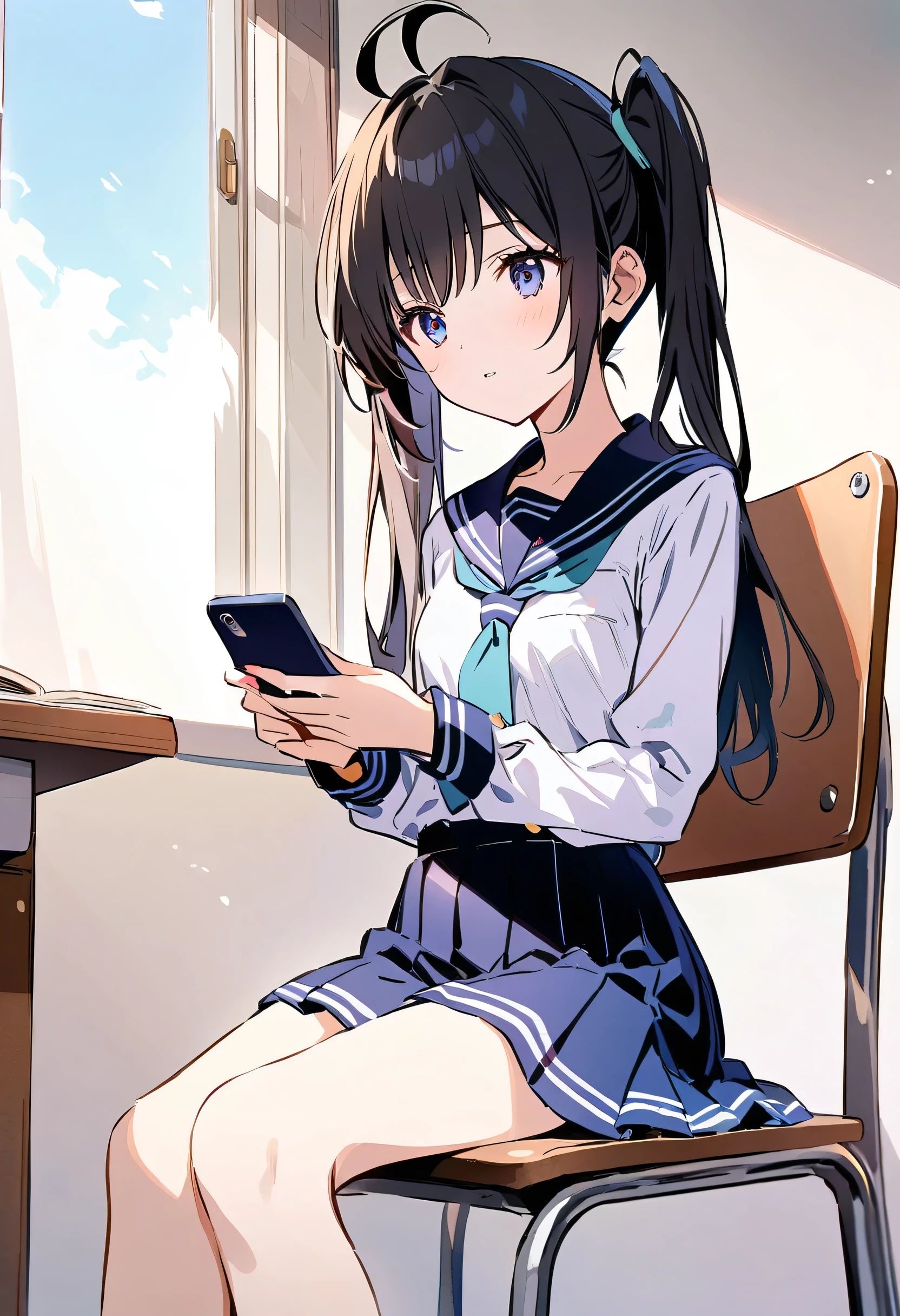 (Highly detailed CG Unity 8k wallpaper,masterpiece, highest quality, Super detailed),School classroom atmosphere,wood々Sunlight shining through the gaps,A beautiful blonde high school girl with twin tails and ahoge(D Cup),Smartphone in hand,Tinker,Beautiful black-haired ,Skinny and flat chested, Wearing a sailor uniform,Sitting on a chair、He is having a conversation with a blonde girl sitting at a desk.,in the evening.