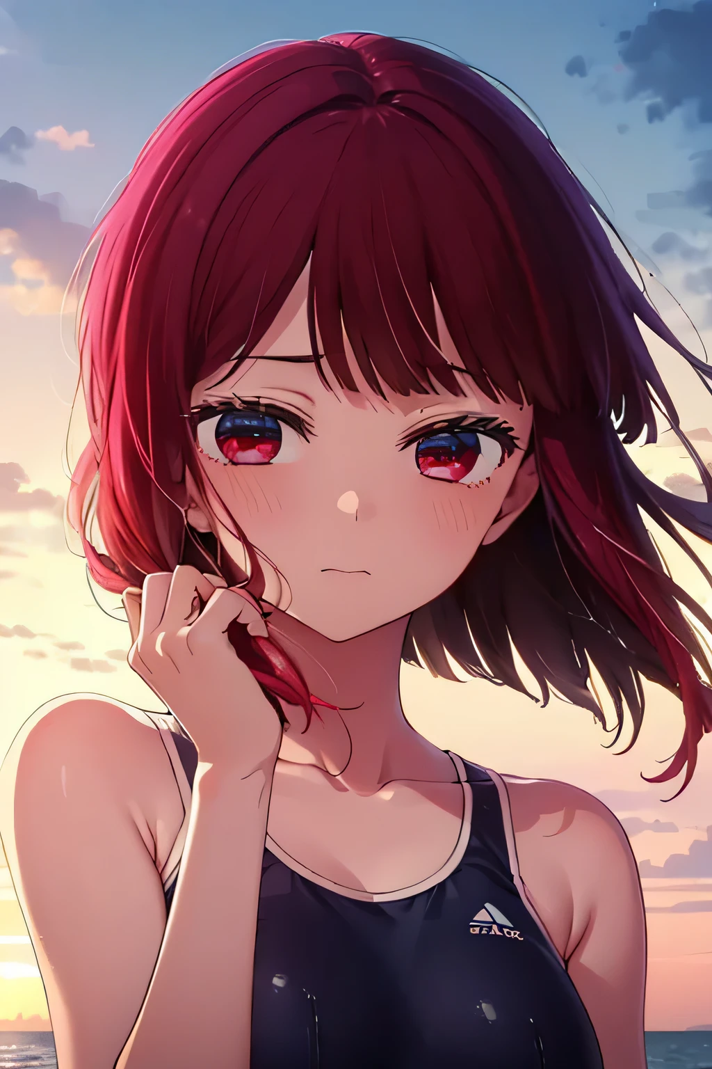 1girl,(My Favorite ,kana arima,Kana Arima),bangs, Red eyes, Red hair,short hair、Cute face, Real Summer,Daytime,sunny,My hair is blowing in the wind,whole bodyがイラストに入るように,Slender body,
break outdoors, Beach , Coastal Road、Top view, break looking at viewer, ((whole body,????,School Swimsuit))
break (masterpiece:1.2), highest quality, High resolution, unity 8k wallpaper, (shape:0.8), (Beautiful details:1.6), Highly detailed face, Perfect lighting, Highly detailed CG, (Perfect hands, Perfect ???????), 