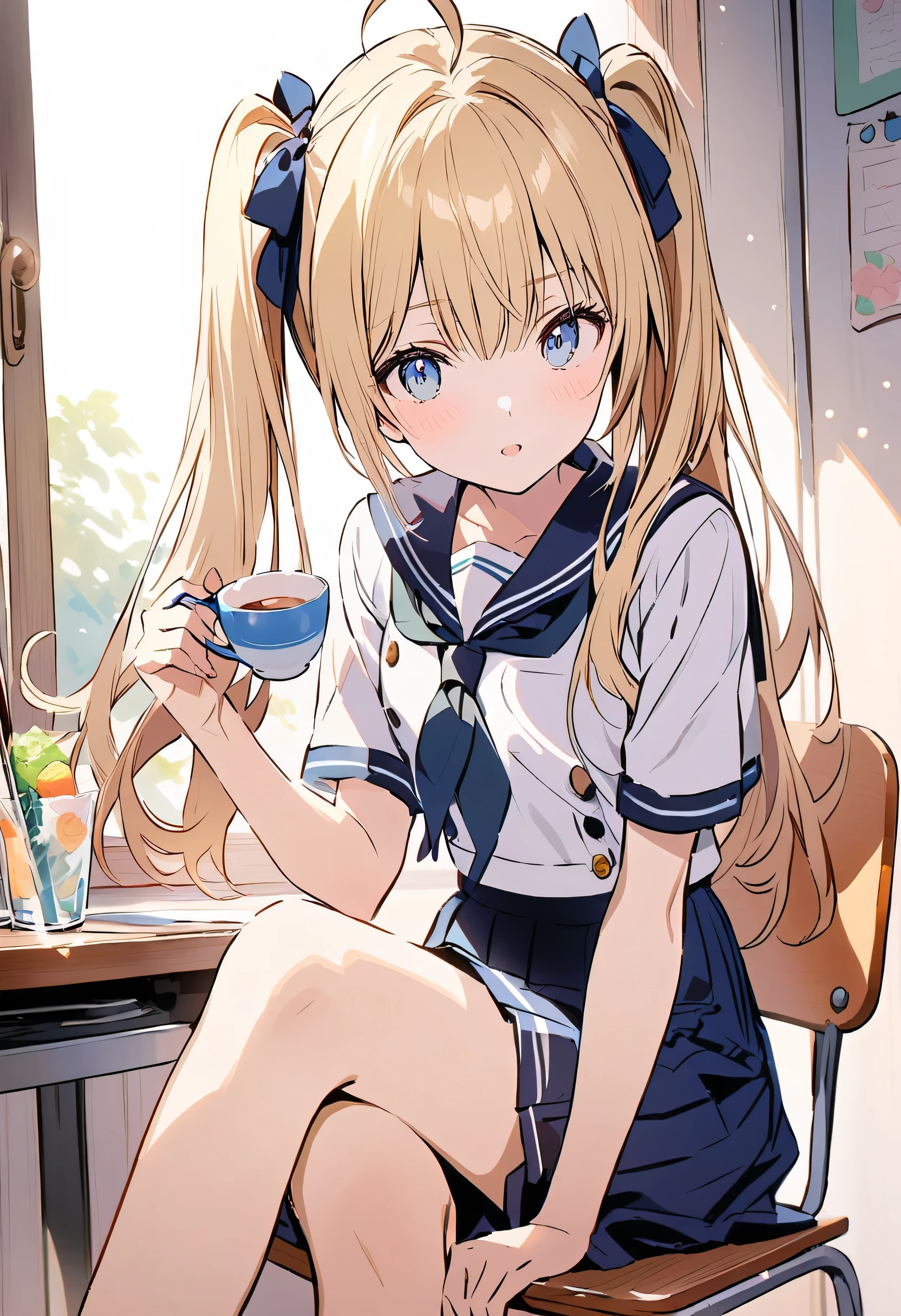 (Highly detailed CG Unity 8k wallpaper,masterpiece, highest quality, Super detailed),School classroom atmosphere,wood々Sunlight shining through the gaps,A beautiful blonde high school girl with twin tails and ahoge(D Cup),Smartphone in hand,Tinker,Beautiful black-haired ,Skinny and flat chested, Wearing a sailor uniform,Sitting on a chair、He is having a conversation with a blonde girl sitting at a desk.,in the evening.