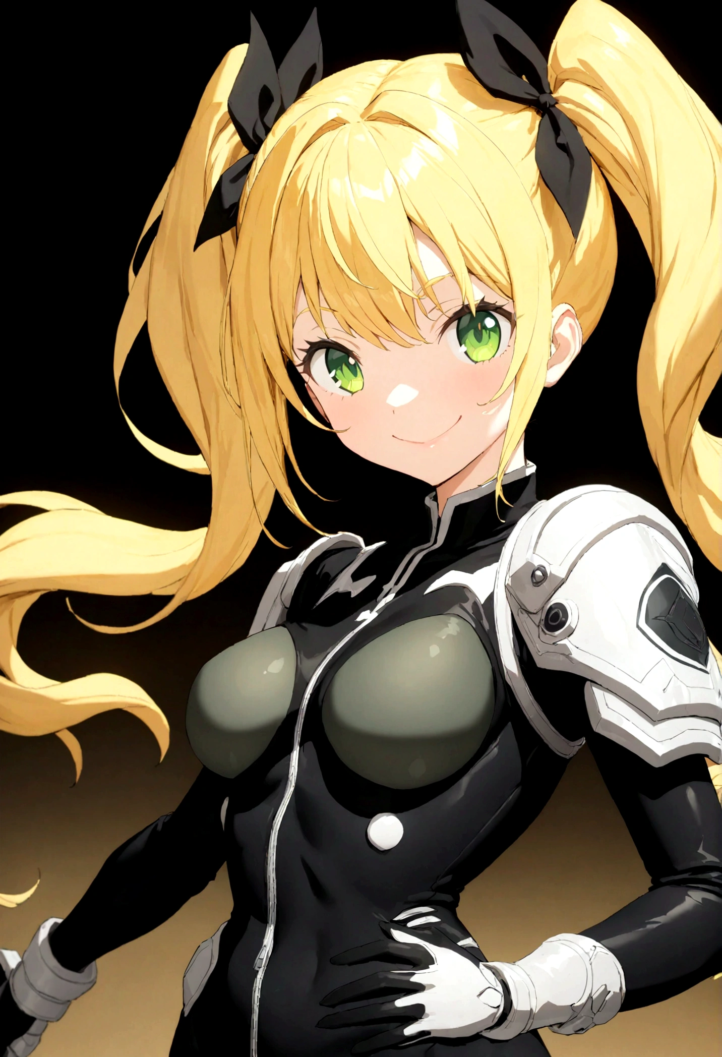 (highest quality:1.2, 4k, 8k, Studio Anime, Very detailed, Latest, Vibrant, High Detail, High Contrast, masterpiece:1.2, highest quality, Best aesthetics), (((1 girl))), Kikor Shinomiya, \(Kaiju 8\), Illustration texture, Bright colors, Soft lighting, Blonde, Spread horizontally_Twin tails, Black Ribbon, ((Beautiful detailed eyes, Slanted Eyes, Green Eyes)), Beautiful detailed lips, playful look, ((Stylish outfit_A battle suit made from monster muscle fibers:1.2, Black and dark green bodysuit)), ((Axe-type special weapon)), (crazy smile:1.6), A competitive yet friendly atmosphere, Fun and young々Cool atmosphere, Precision and focus, Striking contrast,