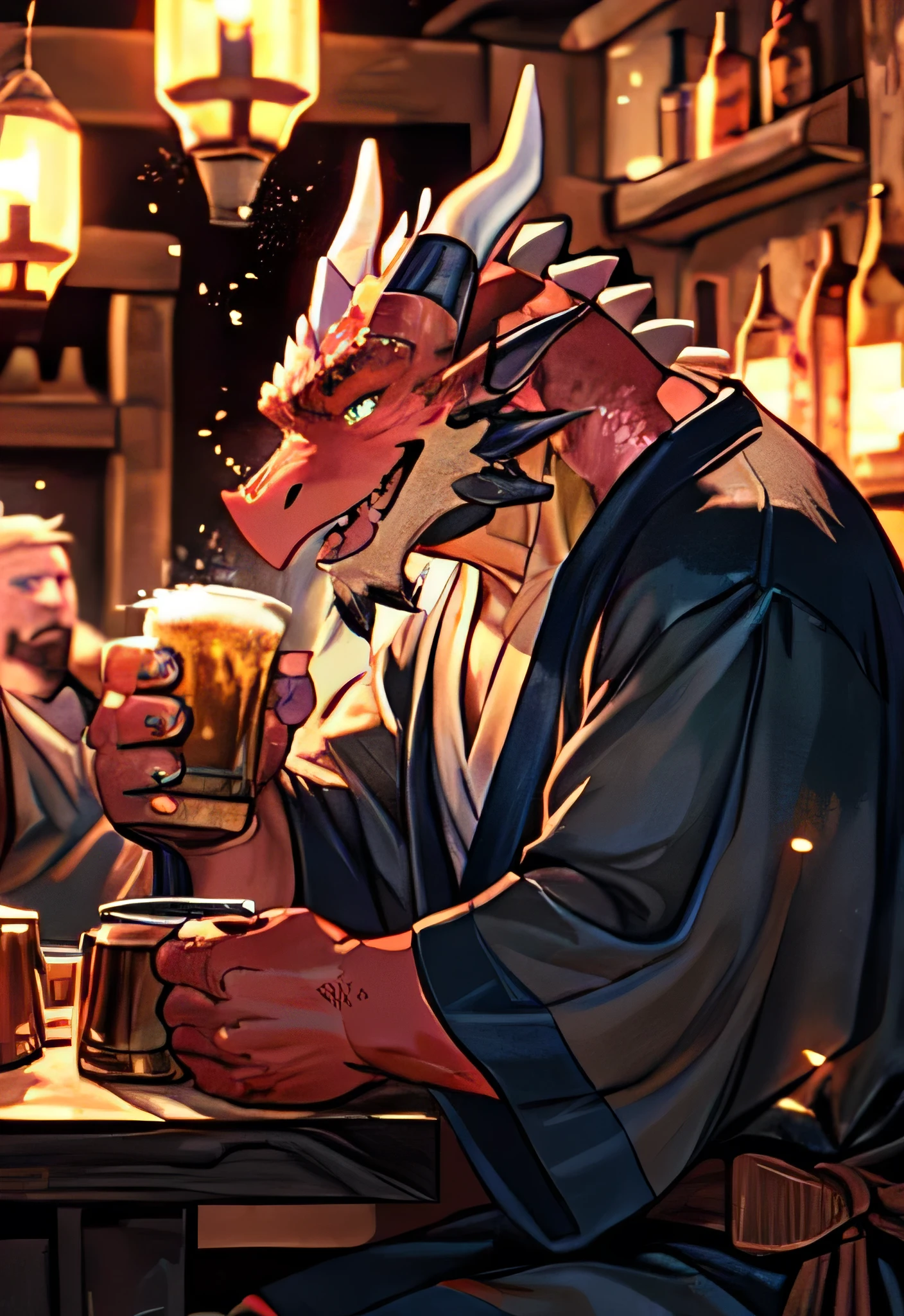 Solo, kemono, (dragon), anthro, male, (red body), scales, tail, muscles, handsome, robe, medieval, fantasy, tavern, inside, lit, night, bar, party, drunk, ale mugs, laughing, toe claws, epic, depth of field, perfect lighting, (light particles),(best quality),(masterpiece),(ultra detailed),sharp focus,light particles, (close up shot) front view