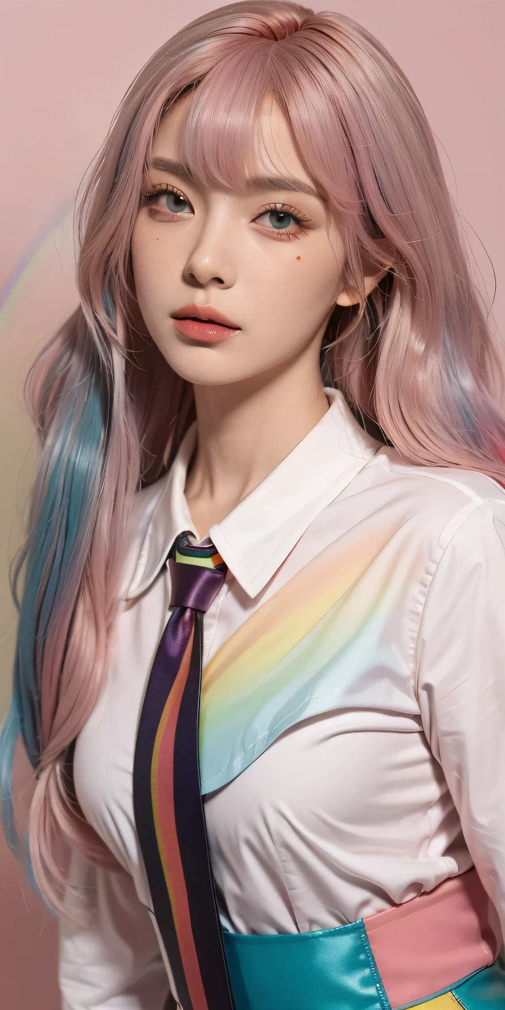 masterpiece, highest quality, best quality, 1girl, solo, looking at viewer, , tezuka rin, (armless amputee:1.2), (Pink fashion:1.9),(colored hair:1.9),(All colors of the rainbow:1.9),(Rainbow colored semi-long hair:1.7),long eyelashes,White shoulder。,White shoulder sleeve shirt,looking at the audience,blue eyes,(rainbow colour hair:1.6),color splotches,(solo:1.8),color splotches,color splotches,color explosion,Thick lacquer style,Messy lines,((Shiny),(color),(color),(color),(color),color,Thick lacquer style,(color splotches),(color)splash collar, collared shirt, (double amputee:1.2), green eyes, katawa shoujo, red necktie.