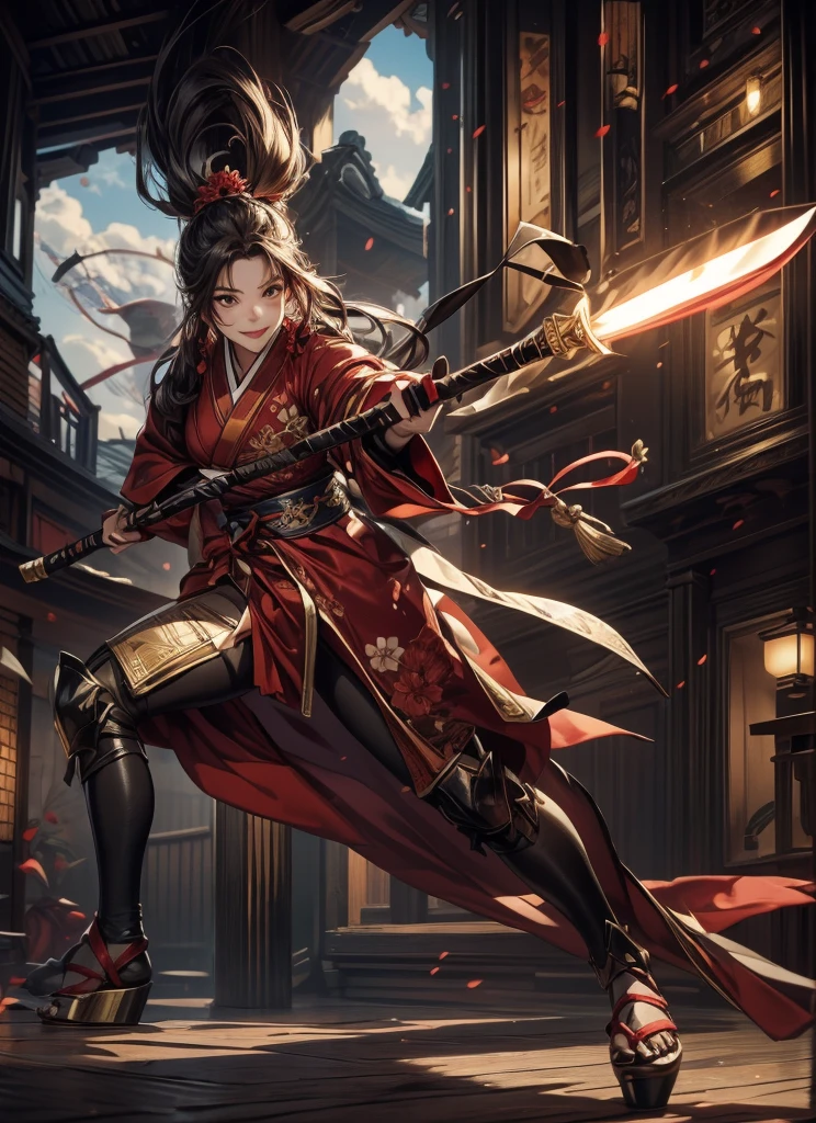 Holding a long spear in each hand、The long spear he holds in both hands is shining brightly.、cute、beauty、sharp, Big eyes、Long eyelashes、8k、Are you okay、highest quality、Eyebrow々Successfully、Big red flower hair ornament、Bright red kimono、Golden Flower々A kimono with a picture of、The kimono is short、Smiling、Make your lipstick redder、elevate the nose、smile、like々Full of charm、20-year-old、The spear shaft is made of black wood and has slight irregularities.、The tip of the long spear he is holding in both hands is shining brightly.、Knee-length black shiny socks、A red string is tied around the knee、The back of the right thigh shows bare skin.、Bare skin is visible on the inside of the left thigh、Erase the signboard、The handles of the long spears held in both hands are made of wood and are black and slightly uneven.、The handle of the long spear held in both hands is made of black wood.、The handles held in both hands are made of black wood.、The toes of both feet are drawn correctly.