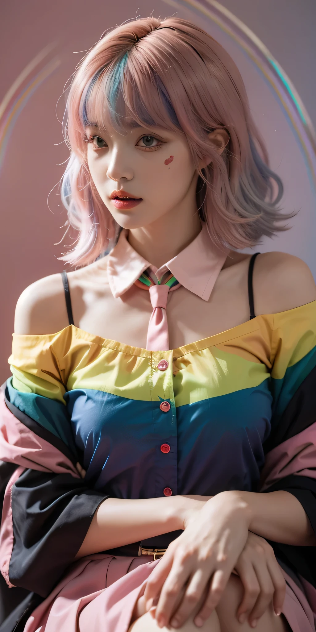 masterpiece, highest quality, best quality, 1girl, solo, looking at viewer, , tezuka rin, (armless amputee:1.2), (Pink fashion:1.9),(colored hair:1.9),(All colors of the rainbow:1.9),(Rainbow colored semi-long hair:1.7),long eyelashes,White shoulder。,White shoulder sleeve shirt,looking at the audience,blue eyes,(rainbow colour hair:1.6),color splotches,(solo:1.8),color splotches,color splotches,color explosion,Thick lacquer style,Messy lines,((Shiny),(color),(color),(color),(color),color,Thick lacquer style,(color splotches),(color)splash collar, collared shirt, (double amputee:1.2), green eyes, katawa shoujo, red necktie.