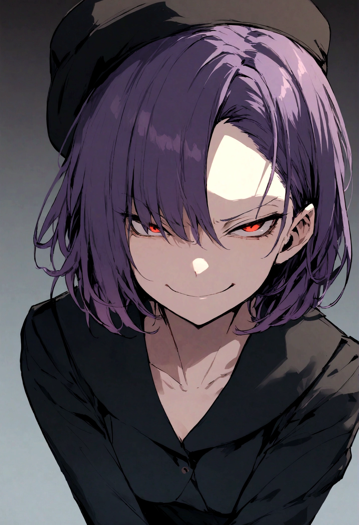 One woman, night, (whole body:1.1), split mouth, , smirk, evil grin, grin, Purple Hair, BREAK, Red eyes, BREAK, Drooping eyes, asymmetric bangs, White, suspicious, Perfect Eyes, Perfect Face, Black hat, (Gradient Background:1.2), half-closed eyes, Slender, Very Short Hair, (evil,)