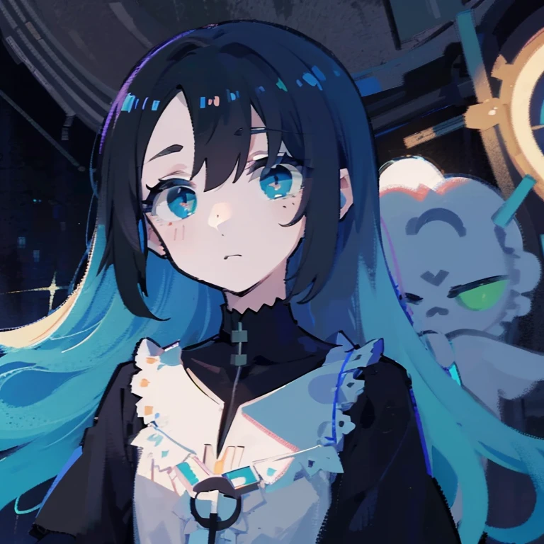 rue, regret, cyan, green, blue green, sea green, water, galactic, sky, space, regretful, young girl, dead eyes, ((dead looking eyes, no shine from eyes, dark eyes, jet black eyes)), black hair, (night), bangs, dead inside, depressed, depressing, majestic background, close up face, looking down, frown, ((dead eyes)), sad, (front facing, looking down), (((blank eyes))), light from behind, lifeless, shadowed face, shadow over face, shadow on face, light from the back, night sky, night