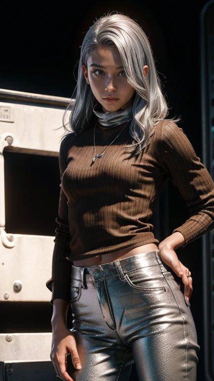 One Girl, highest quality、masterpiece、超A high resolution、(Cowboy Shot),(Realistic), (Ultra-realistic), (Ultra-high resolution), (Ultra-high resolution), (One Girl), ((Ultra-Realistic Details)),(Realistic:1.4)Beautiful Face, Cute Face, 、RAW Photos, highest quality,masterpiece,highest quality,Ultra-high resolution),(Silver Hair:1.5), (Brown Skin:1.5),expensive, Nice, Spanish descent, 23 years old, Smooth Skin,  Red turtleneck, Black fitted pants, Simple silver cross necklace, Work in an underground base, Very detailed, Shine, 8k, Checking for relics, has a long whip. Amazing details,