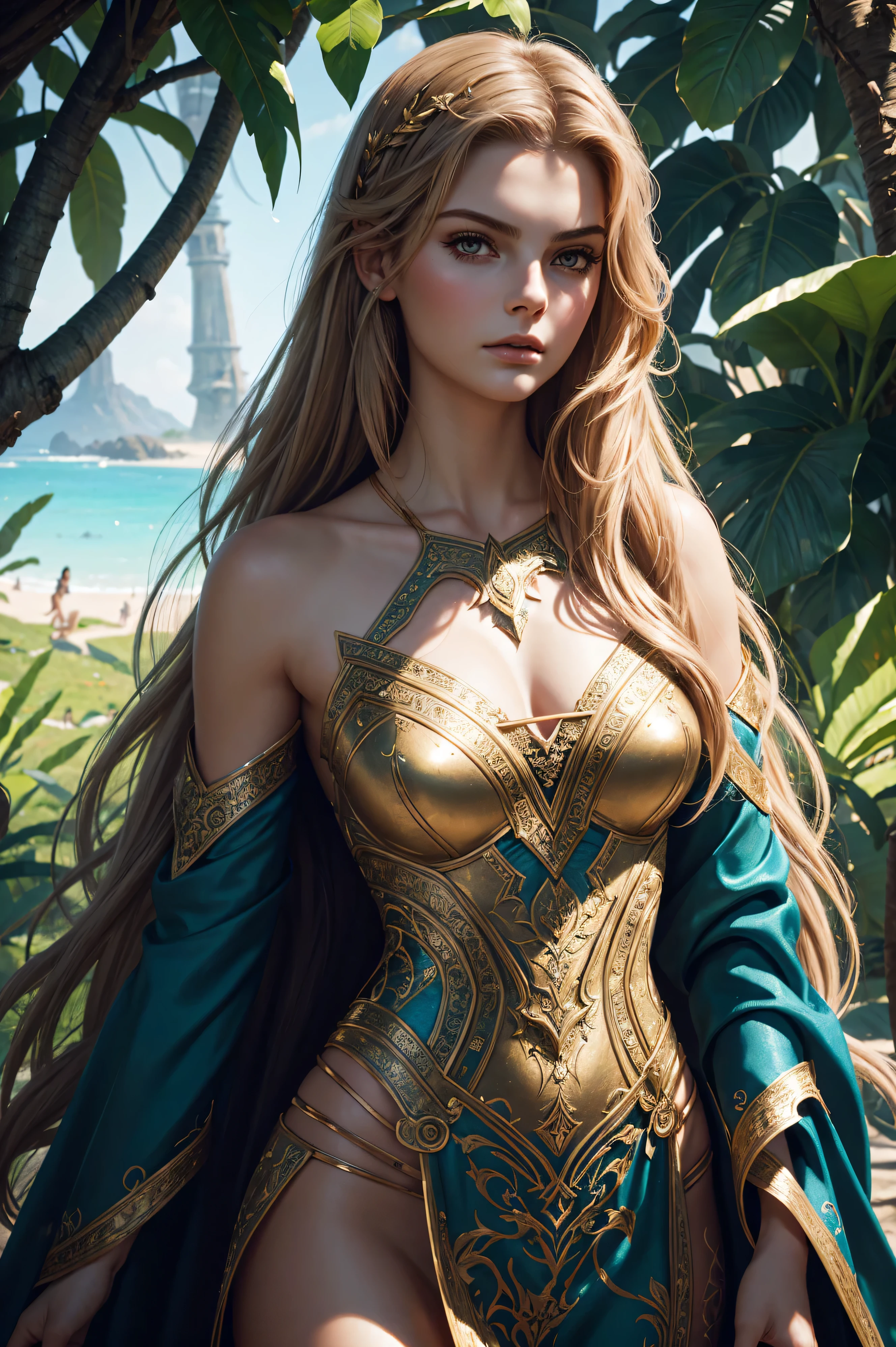 portrait Brighton Sharbino wearing Eve in Paradise costume, against the background of paradise, character portrait, 3 9 9 0 s, long hair, intricate, elegant, highly detailed, digital painting, artstation, concept art, smooth, sharp focus, illustration, art by wlop, charlie bowater and alexandra fomina