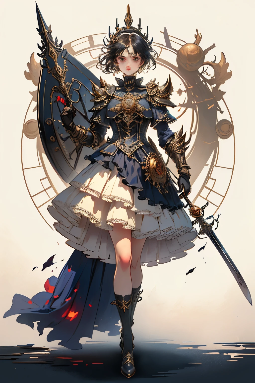 ((best quality)), ((masterpiece)), (detailed), perfect face ((best quality)), ((masterpiece)), (detailed), blank white background, plain background, white background, Bloodborne inspired, occult aesthetic, occult, detailed and intricate steampunk and detailed gothic, (zentangle, mandala, tangle, entangle), NSFW, torn clothing, Very dramatic and cinematic lighting, cosmic horror, grim-dark, side-lighting, perfect face, a beautiful goddess adorned and enshrined in armour, Bloodborne inspired , occult aesthetic , occult , detailed and intricate steampunk and detailed gothic , wielding a sword and holding a shield, NSFW, Fluttering lace flared short dress with frilly petticoats, knee length dress, pleated petticoats, ta dress, petticoats gothic loliside-lighting, gothic lolita aetic, beautiful small breasts, small breasts, full body, whole body, body, plain background, white background, blank background, no background, white background NSFW, full body, whole body, head-to-toe