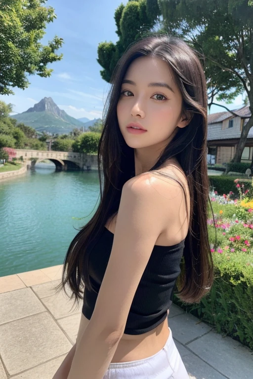 Ada_re4, (standing:1.4),(beautiful face:1.5), 1girl,black hair, very long hair, straight hair, strapless tube top, tight short pants, black shoes, ((upper body)),(realistic:1.7),((best quality)),absurdres,(ultra high res),(photorealistic:1.6),photorealistic,octane render,(hyperrealistic:1.2), (photorealistic face:1.2), (8k), (4k), (Masterpiece),(realistic skin texture), (illustration, cinematic lighting,wallpaper),( beautiful eyes:1.2),((((perfect face)))),(cute),(standing),((looking at viewer)),(dynamic pose:1.3), outdoors, houses, flowers paths, mountains, lake, dock,