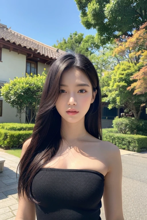 Ada_re4, (standing:1.4),(beautiful face:1.5), 1girl,black hair, very long hair, straight hair, strapless tube top, tight short pants, black shoes,  ((upper body)),(realistic:1.7),((best quality)),absurdres,(ultra high res),(photorealistic:1.6),photorealistic,octane render,(hyperrealistic:1.2), (photorealistic face:1.2), (8k), (4k), (Masterpiece),(realistic skin texture), (illustration, cinematic lighting,wallpaper),( beautiful eyes:1.2),((((perfect face)))),(cute),(standing),((looking at viewer)),(dynamic pose:1.3), outdoors, houses, flowers paths, mountains, lake, dock,