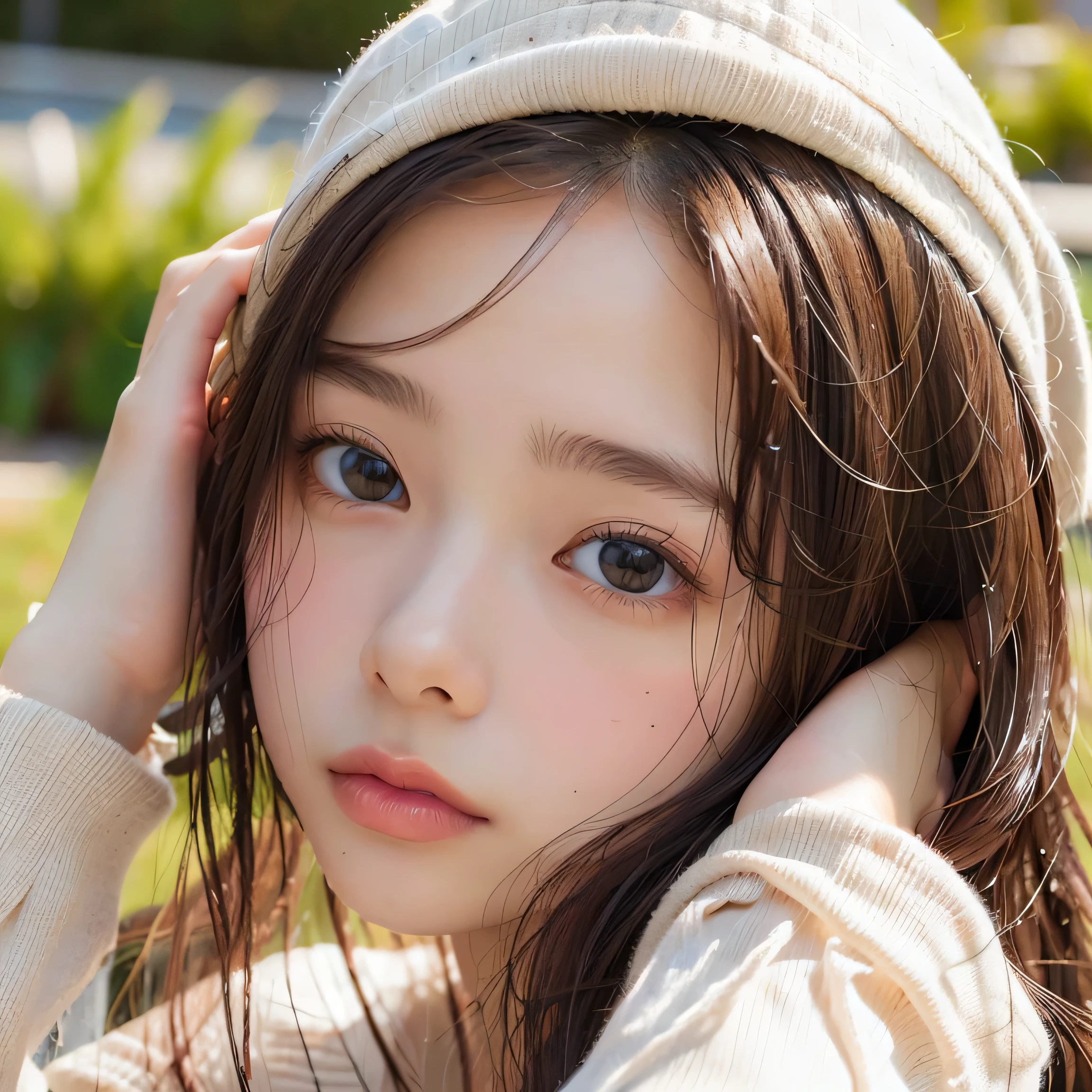 ((highest quality)), (be familiar with), beautiful girl, Japanese girl, , highly detailed eyes, highly detailed nose, highly detailed mouth, beautiful feet, beautiful hand, beautiful arms, perfect anatomy :1.4, one person, no cut, outdoor, glamor, Full-body, Photo-like, grass, chiaroscuro, ((masterpiece)), 16k, textured skin, super detail