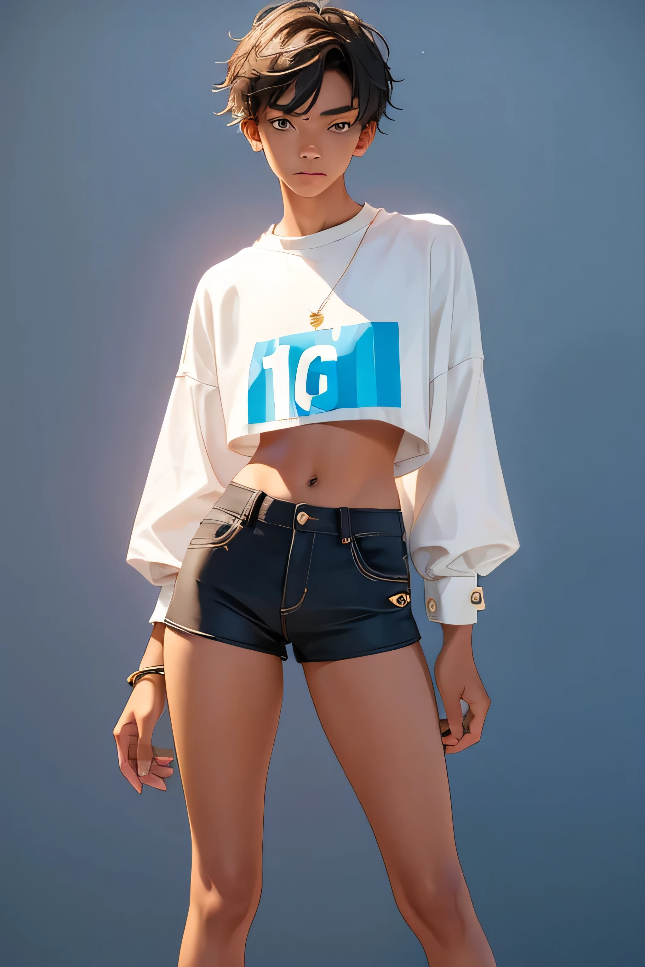 Teenage boy-model 16 years old, the boy is wearing a cropped shirt and too very much short mini shorts, the boy's legs are long and beautiful, his legs are very tanned, hot summer, top quality