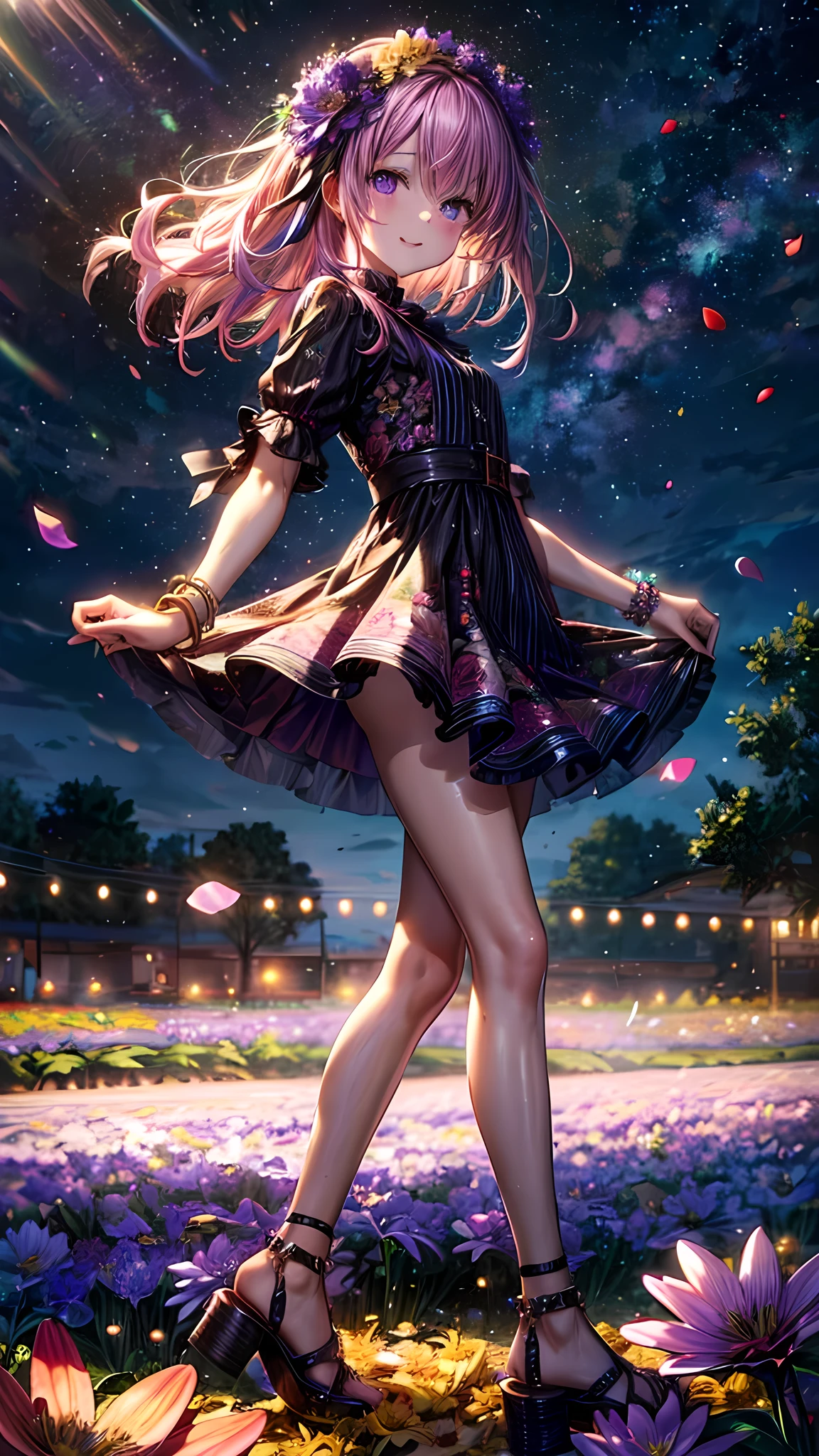 (ultra-detailed:1.4), (masterpiece, top quality, best quality:1.4), (1girl, solo:1.7), (light smile:1.5), (beautiful detailed violet eyes:1.5), (hair ornament:1.3), (pink hair:1.5),
(Beautiful eyebrows), Separated eyebrows, (shiny eyes, shiny hair:1.3), no makeup, wavy hair, cute hair,
BREAK
(floral dress, petal skirt, flower crown, vine bracelet, floral sandals:1.3),
BREAK
(amidst flowers:1.5),
BREAK
(front view:1.5),violet panties, showing panties, panty shot, focus panty,
BREAK
(flower field, blooming flowers, vibrant colors:1.6),
BREAK
(best impact:1.4), (Maximalism:1.6), (vivid contrast), (Ultra-luxurious light:1.2), (diffuse reflection:1.3), (high speed shutter, motion blur), (HDR, unity 16k wallpaper, extremely detailed CG, ultra highres, UHD, /1080P, HD, 4K, 8K:1.5),