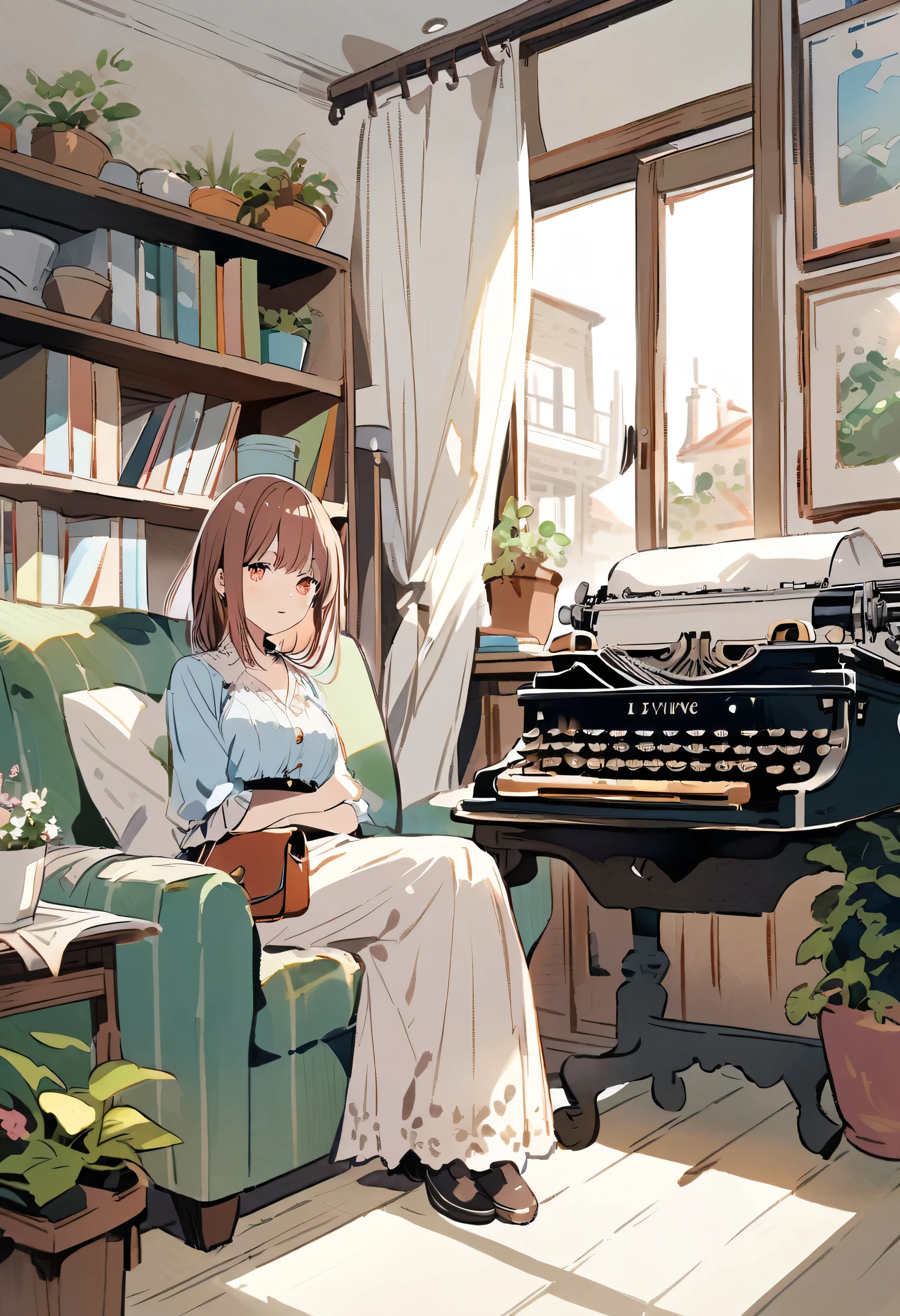living room, sofa, window, curtain, Speckled sunlight, Potted plants, table, cupboard,Bookshelf, paper, Desk lamp, Typewriter, Girl sitting on sofa