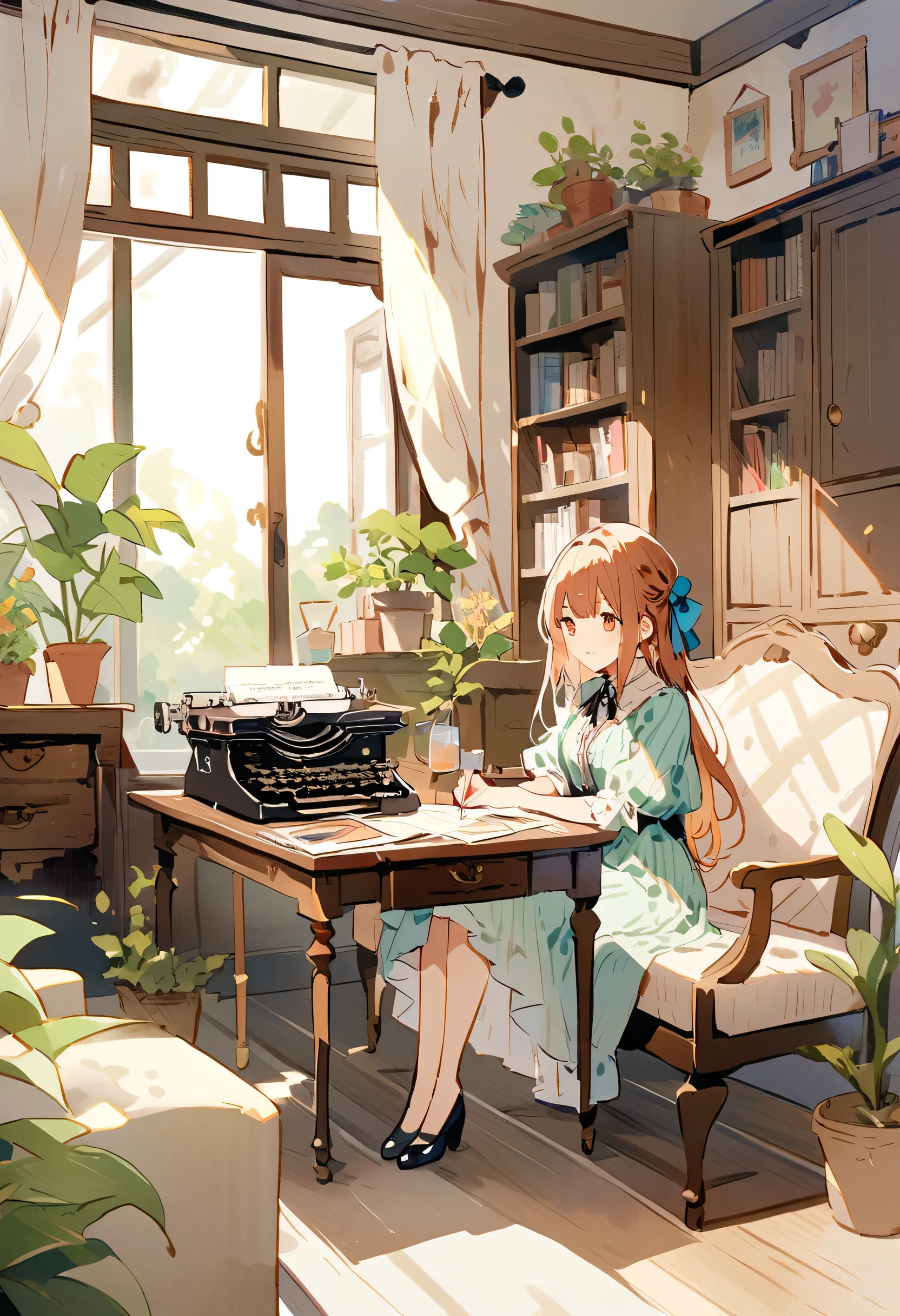 living room, sofa, window, curtain, Speckled sunlight, Potted plants, table, cupboard,Bookshelf, paper, Desk lamp, Typewriter, Girl sitting on sofa