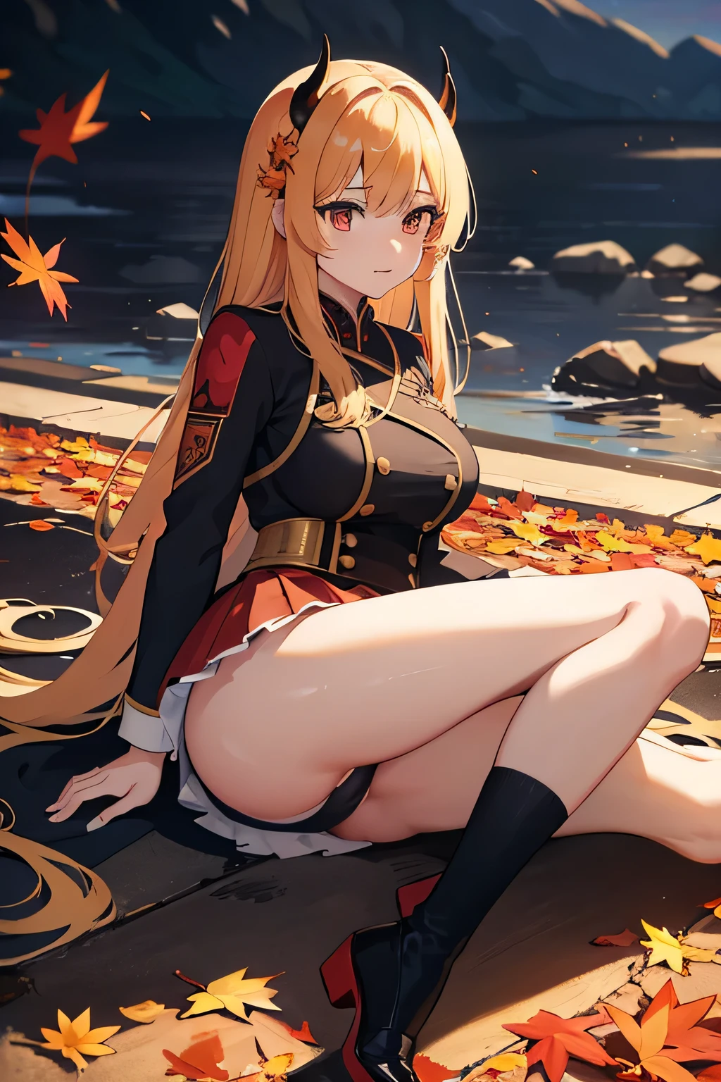 Demon Slayer、The background is a river、autumn leaves、Pichi-pichi combat uniform、Spreading her legs