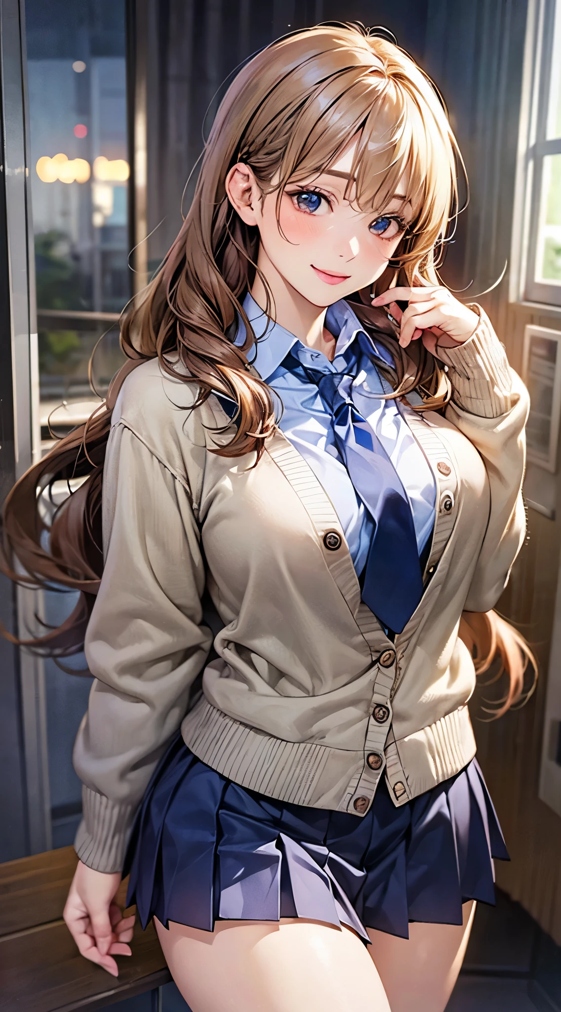 (masterpiece:1.2, top-quality), (realistic, photorealistic:1.4), beautiful illustration, (natural side lighting, movie lighting),
looking at viewer, cowboy shot, front view:0.6, 1 girl, japanese, high school girl, perfect face, cute and symmetrical face, shiny skin,
(long hair:1.8, twin braid:1.6, blond hair), hairline, asymmetrical bangs, red eyes, long eyelasher, (large breasts:0.9, thick thighs),
beautiful hair, beautiful face, beautiful detailed eyes, beautiful clavicle, beautiful body, beautiful chest, beautiful thigh, beautiful legs, beautiful fingers,
((light blue collared shirts, navy pleated mini skirt, socks, navy tie, light brown cardigan)), pink panties,
(beautiful scenery), evening, school, classroom, curtains, walking, hands on chest, (lovely smile, upper eyes),