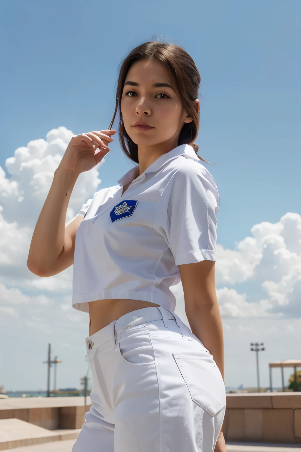 A Disney character with a white uniform, white shirt with sky blue pants