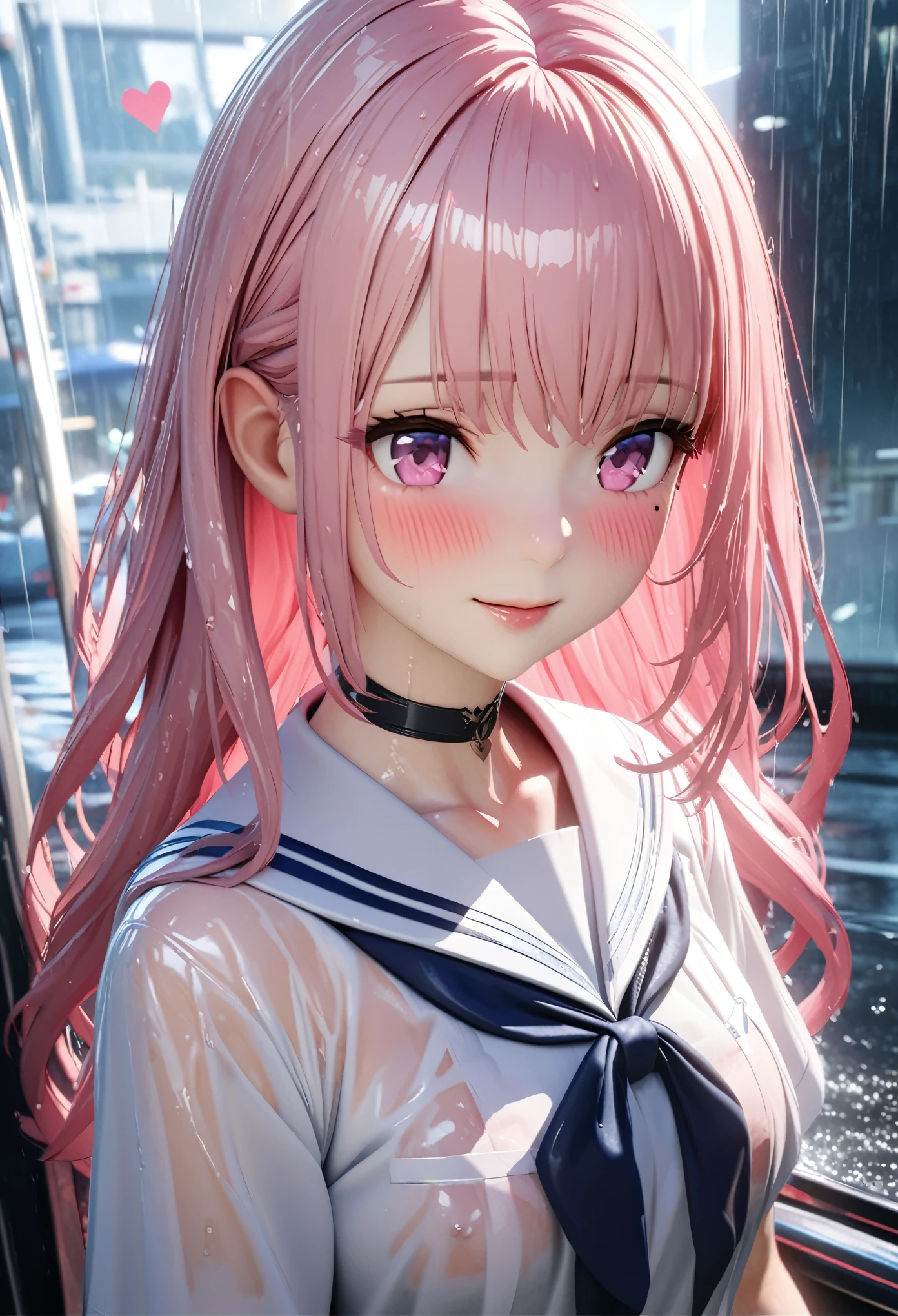 masterpiece, best quality, very detailed, high resolution, expensive solution, high resolution, 4k, 8k, Unity 8k wallpaper, highly detailed CG, masterpiece, 2d, 3d, beautiful details, depth, fine texture, best quality: 1.3, total concentration, transparent skin, him, very cute anime girl, expensive pink long hair, one girl, high school sailor uniform, on the way home from school, it was raining heavily and she was soaking wet. The sailor uniform was see-through, her hair was soaking wet, smiling long pink hair, full body, on the way home from school, heavy rain, mole under eye, gaze, expensive, blush, lips parted, heart, pink eyes, choker