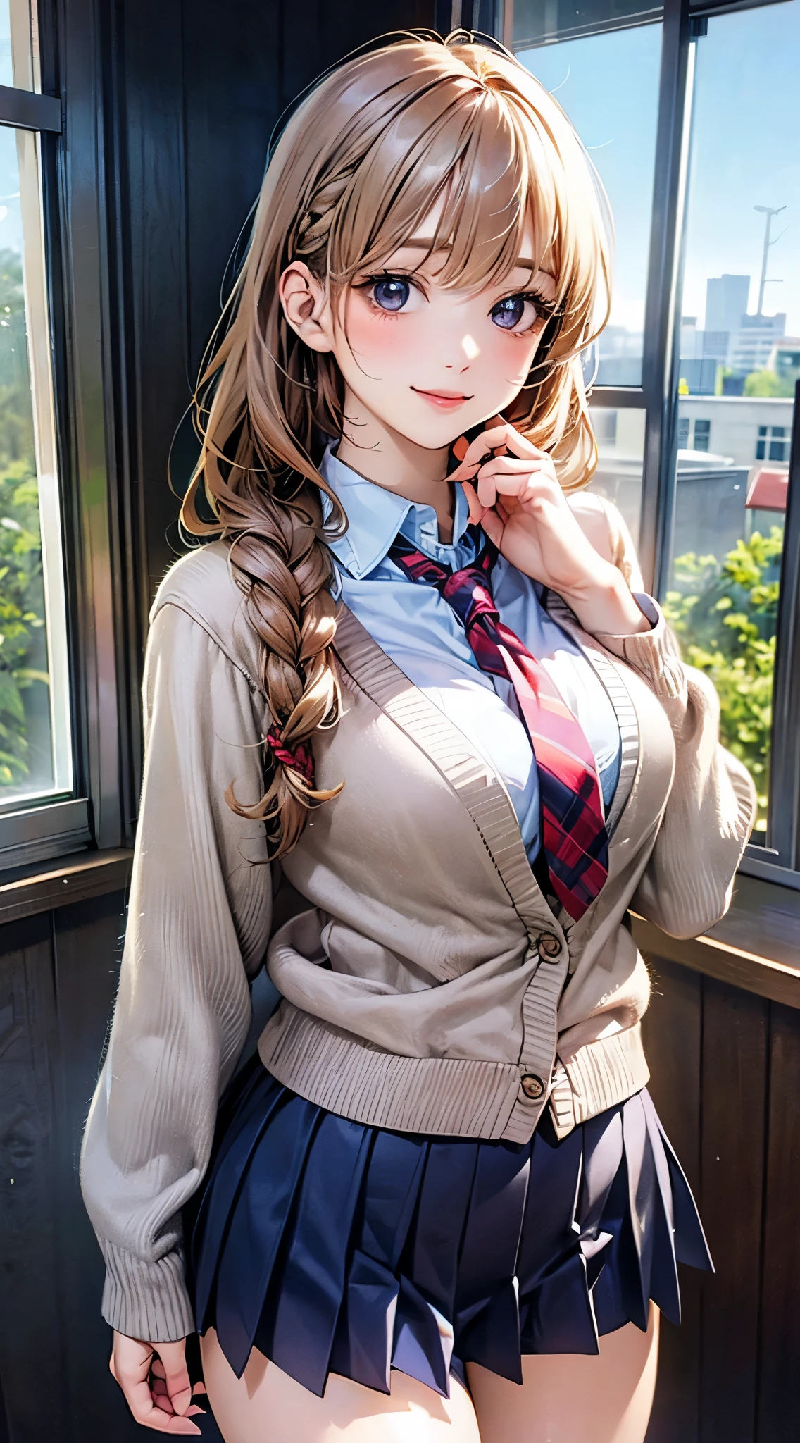 (masterpiece:1.2, top-quality), (realistic, photorealistic:1.4), beautiful illustration, (natural side lighting, movie lighting),
looking at viewer, cowboy shot, front view:0.6, 1 girl, japanese, high school girl, perfect face, cute and symmetrical face, shiny skin,
(long hair:1.8, twin braid:1.6, blond hair), hairline, asymmetrical bangs, red eyes, long eyelasher, (large breasts:0.9, thick thighs),
beautiful hair, beautiful face, beautiful detailed eyes, beautiful clavicle, beautiful body, beautiful chest, beautiful thigh, beautiful legs, beautiful fingers,
((light blue collared shirts, navy pleated mini skirt, socks, navy tie, light brown cardigan)), pink panties,
(beautiful scenery), evening, school, classroom, curtains, walking, hands on chest, (lovely smile, upper eyes),