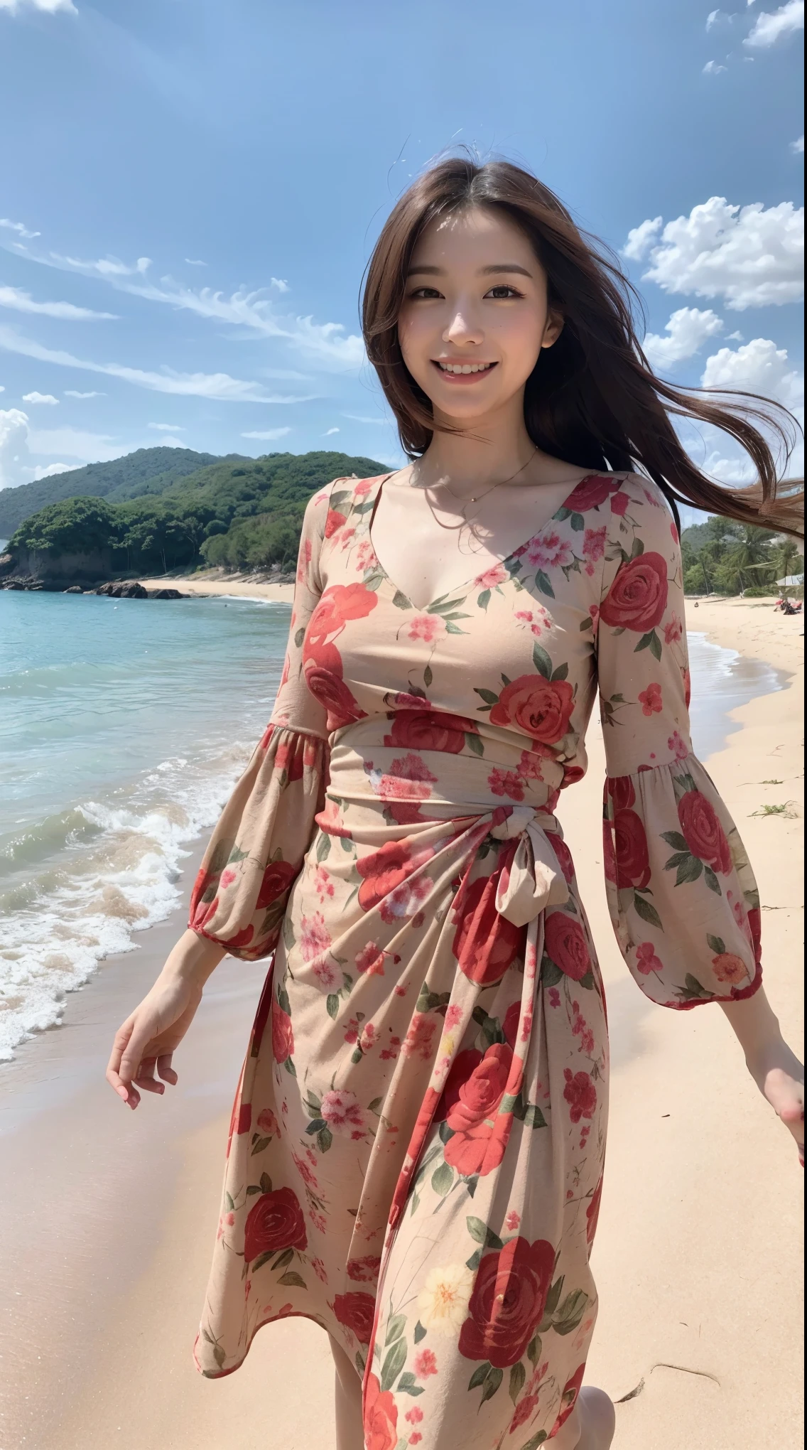 8k, highest quality, masterpiece, Realistic, Very detailed, photograph, High resolution, RAWphotograph, High resolution, Absurd, Cinematic Light, Official Art, High resolution, Written boundary depth,
Photograph the whole body,Plump body, cute顔, smile, Beautiful details in the eyes, 29-year-old,Japanese, cute, Brown messy hair,dress, Beach, (Wind:1.8), Floral print,(((That's a big jump)))