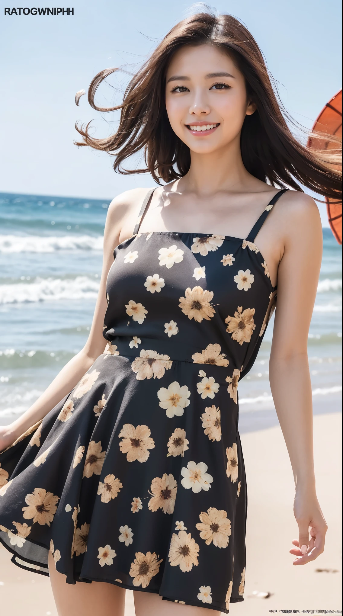 8k, highest quality, masterpiece, Realistic, Very detailed, photograph, High resolution, RAWphotograph, High resolution, Absurd, Cinematic Light, Official Art, High resolution, Written boundary depth,
Photograph the whole body,Plump body, cute顔, smile, Beautiful details in the eyes, 29-year-old,Japanese, cute, Brown messy hair,dress, Beach, (Wind:1.8), Floral print,(((That's a big jump)))