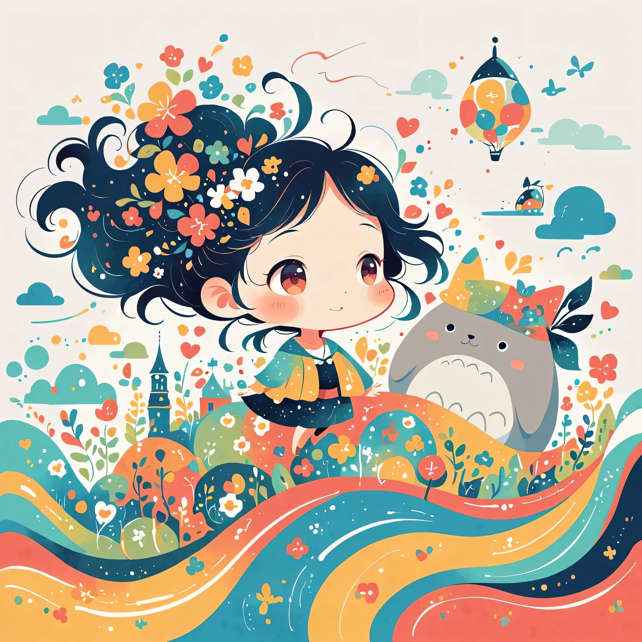 Hayao Miyazaki Style、The most beautiful girl of all time、Lips in Love、Colorful flowers、Simple line initials、Abstract art、Paris Background, (((chibi))), Totoro Forest