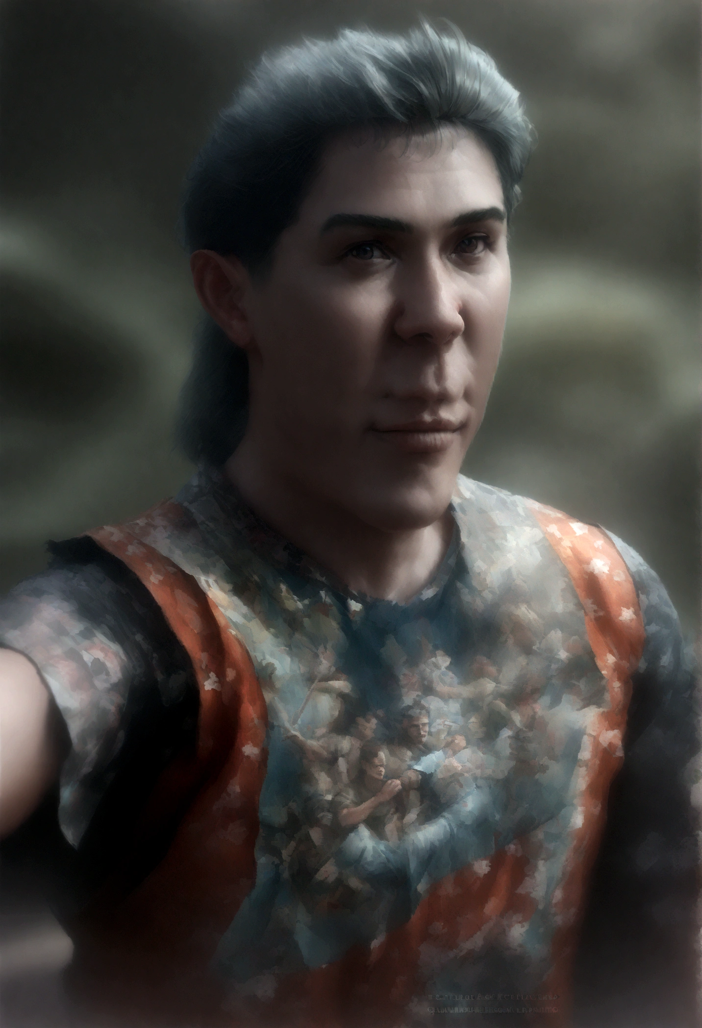 (8K, Photorealistic, fotografia crua, Qualidade de imagem superior: 1.4)Homem bonito de cabelos cacheados vestindo camisa de cor laranja tropicais no fundo cinza, estilo legal, mixed pattern, (medium shot) K, melhor qualidade, Obra de arte, ultra high resolution, (Realismo: 1.4), foto original, (Textura de pele realista: 1.3), (film grain: 1.3), (Selfie angle), 1,Obra de arte, melhor qualidade, fechar-se, tronco, Olhando para o espectador