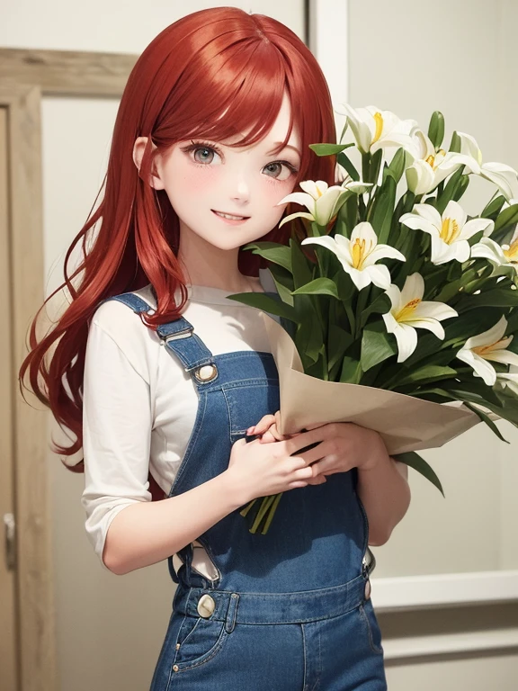 (Illustration of a red-haired girl, medium and wavy hair, Holding a bouquet of lilies in hands. She is wearing denim overalls and sneakers, smiling happily. symmetrical face, well drawn eyes, perfect anatomy)