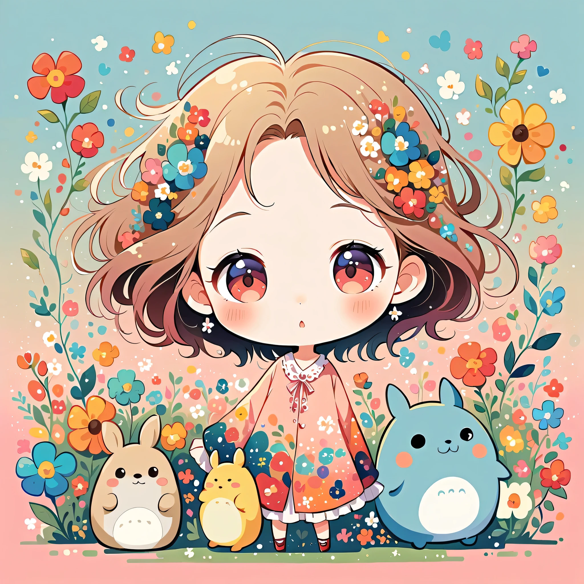 Hayao Miyazaki Style、The most beautiful girl of all time、Lips in Love、Colorful flowers、Simple line initials、Abstract art、Paris Background, (((chibi))), Totoro Forest