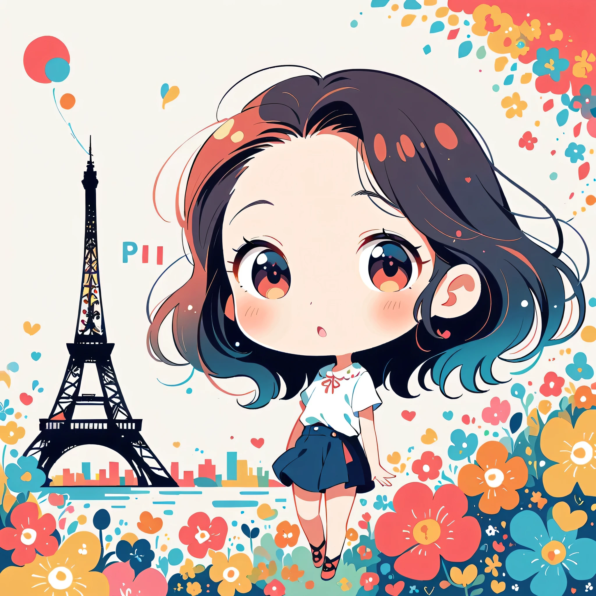 Hayao Miyazaki Style、The most beautiful girl of all time、Lips in Love、Colorful flowers、Simple line initials、Abstract art、Paris Background, (((chibi)))