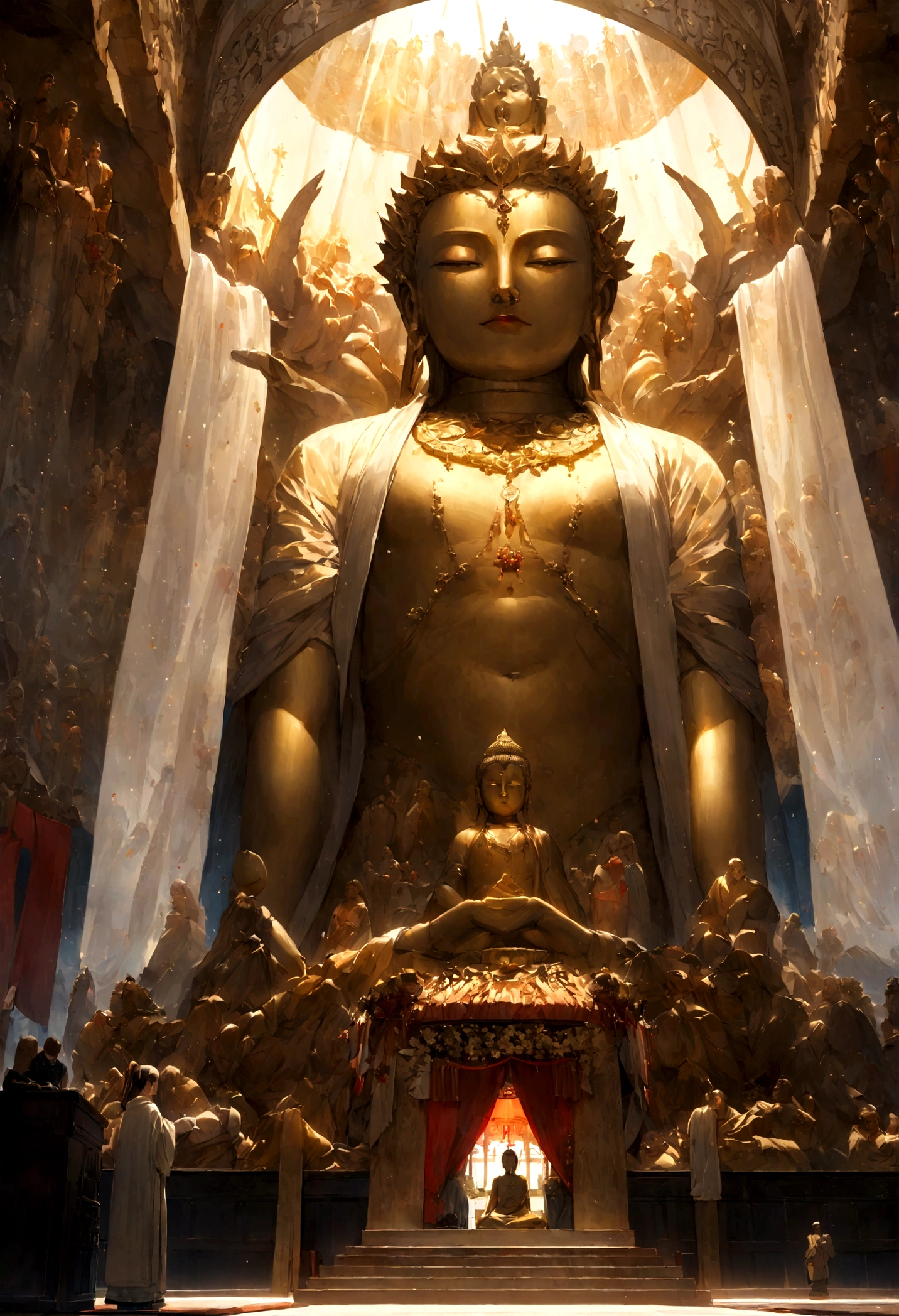 ，masterpiece, Best quality，8K, Ultra-high resolution，In the quiet pagoda，Reflection of faint morning light。A huge Buddha statue stands tall in the center of the hall，it becomes lifelike，Every detail has been meticulously crafted by the artist。The Buddha statue is solemn地盘坐在莲花座上，A divine aura surrounds them。Sunlight, Enter from the window above, Cast dappled light and shadow，The whole hall is brightly lit，Peace。

The Buddha statue is solemn，Unique details make it look real and dynamic。Buddha&#39;s eyes are bright and shining，look capable, Seeing through the difficulties of the world。Meticulous hand carving，展现指尖的质感Peace静的姿势，Exudes a sense of transcendent meditation。The golden robe shone softly under the light，it is, like the splendor of heaven。

A group of devout devotees gathered around the temple，They come with awe, Go to worship the Buddha statue，Kneel on the ground and meditate。Her figure was shrouded in a warm glow，The outline is clearly visible。The walls of the main hall are hung with colorful prayer flags.，Swaying gently in the wind，Make the whole room full of mystery、Magnificent atmosphere。