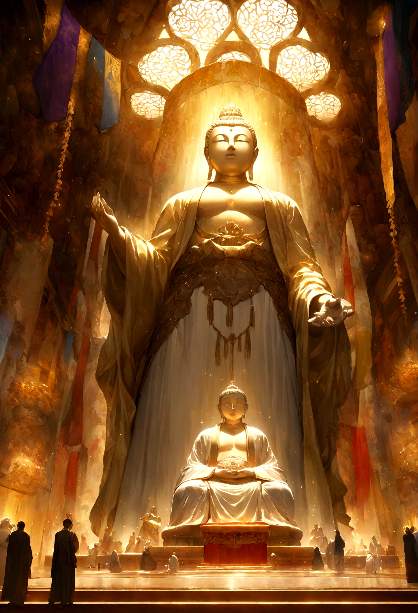 ,masterpiece, Best quality,8K, Ultra-high resolution,In the quiet pagoda,Reflection of faint morning light。A huge Buddha statue stands tall in the center of the hall,it becomes lifelike,Every detail has been meticulously crafted by the artist。The Buddha statue is solemn地盘坐在莲花座上,A divine aura surrounds them。Sunlight, Enter from the window above, Cast dappled light and shadow,The whole hall is brightly lit,Peace。
The Buddha statue is solemn,Unique details make it look real and dynamic。Buddha's eyes are bright and shining,look capable, Seeing through the difficulties of the world。Meticulous hand carving,展现指尖的质感Peace静的姿势,Exudes a sense of transcendent meditation。The golden robe shone softly under the light,it is, like the splendor of heaven。
A group of devout devotees gathered around the temple,They come with awe, Go to worship the Buddha statue,Kneel on the ground and meditate。Her figure was shrouded in a warm glow,The outline is clearly visible。The walls of the main hall are hung with colorful prayer flags.,Swaying gently in the wind,Make the whole room full of mystery、Magnificent atmosphere。